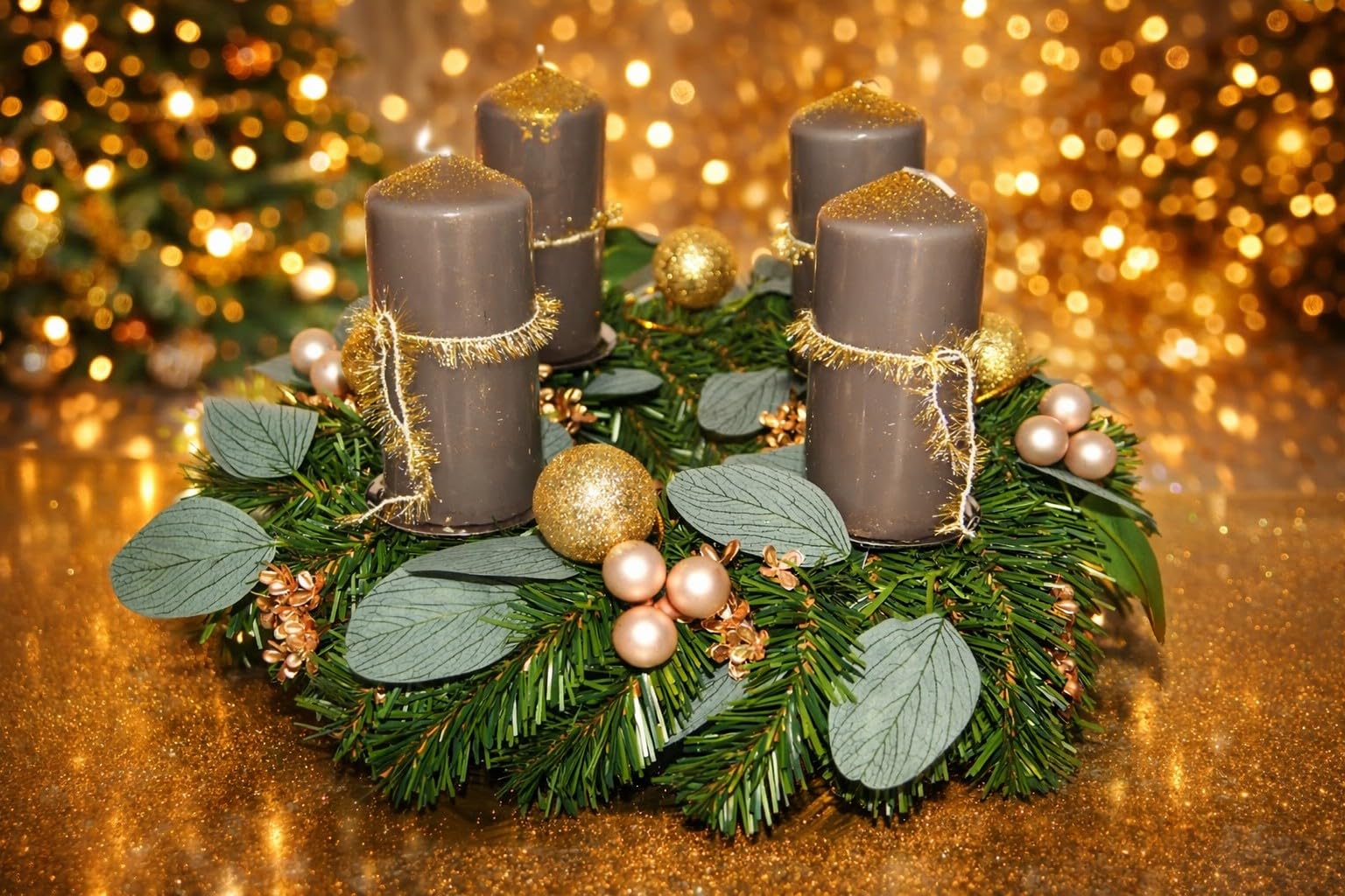 Adventskranz künstlich Taupe Gold 40 cm Weihnachten Advent Gesteck Adventkranz