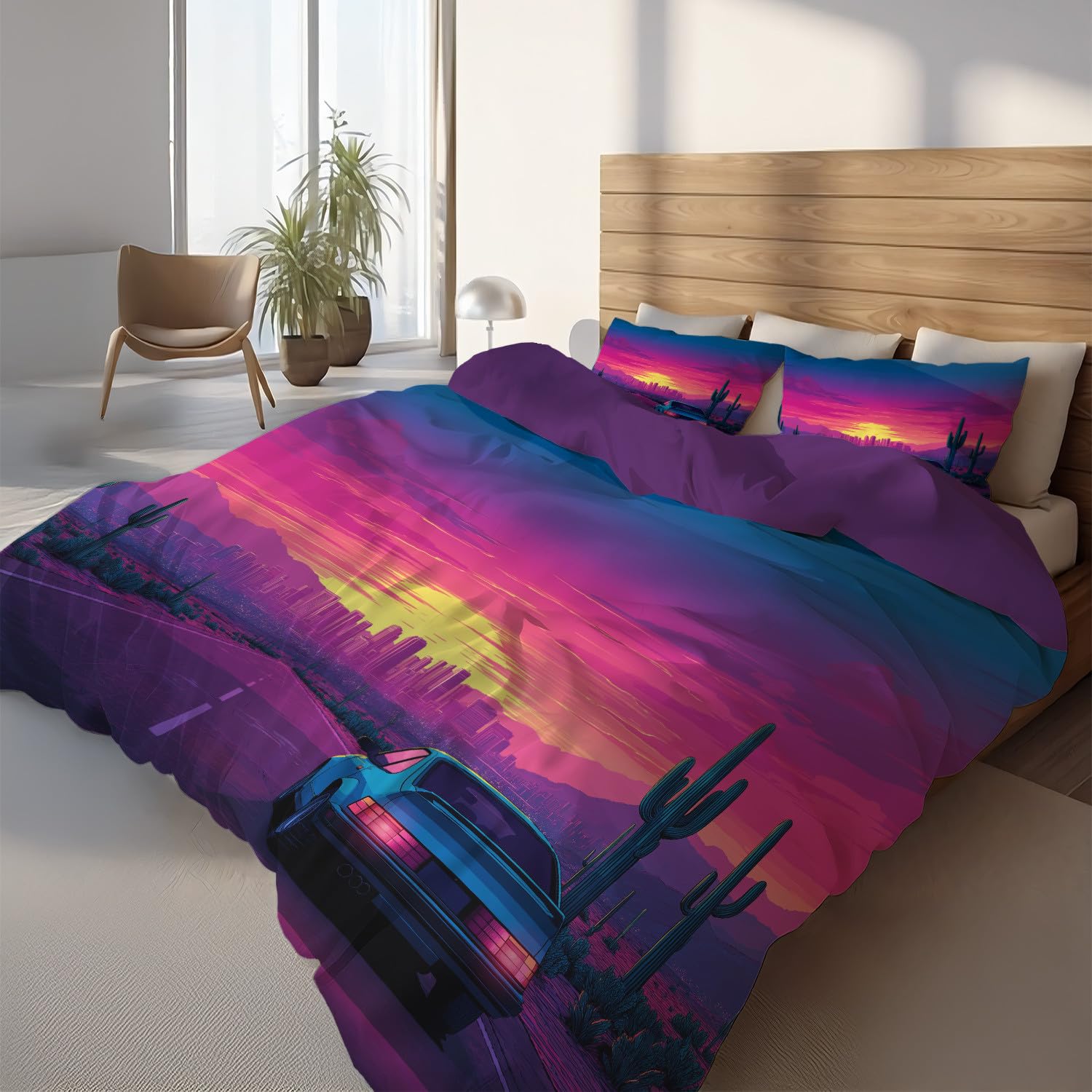 Generisch Zestaw pościeli Anime 180 x 200 cm, magenta, różowa poszwa na kołdrę dla dzieci, młodzieży i dorosłych, na samochodową pustynię, vintage, miękka, puszysta, oddychająca, poszewka na kołdrę z