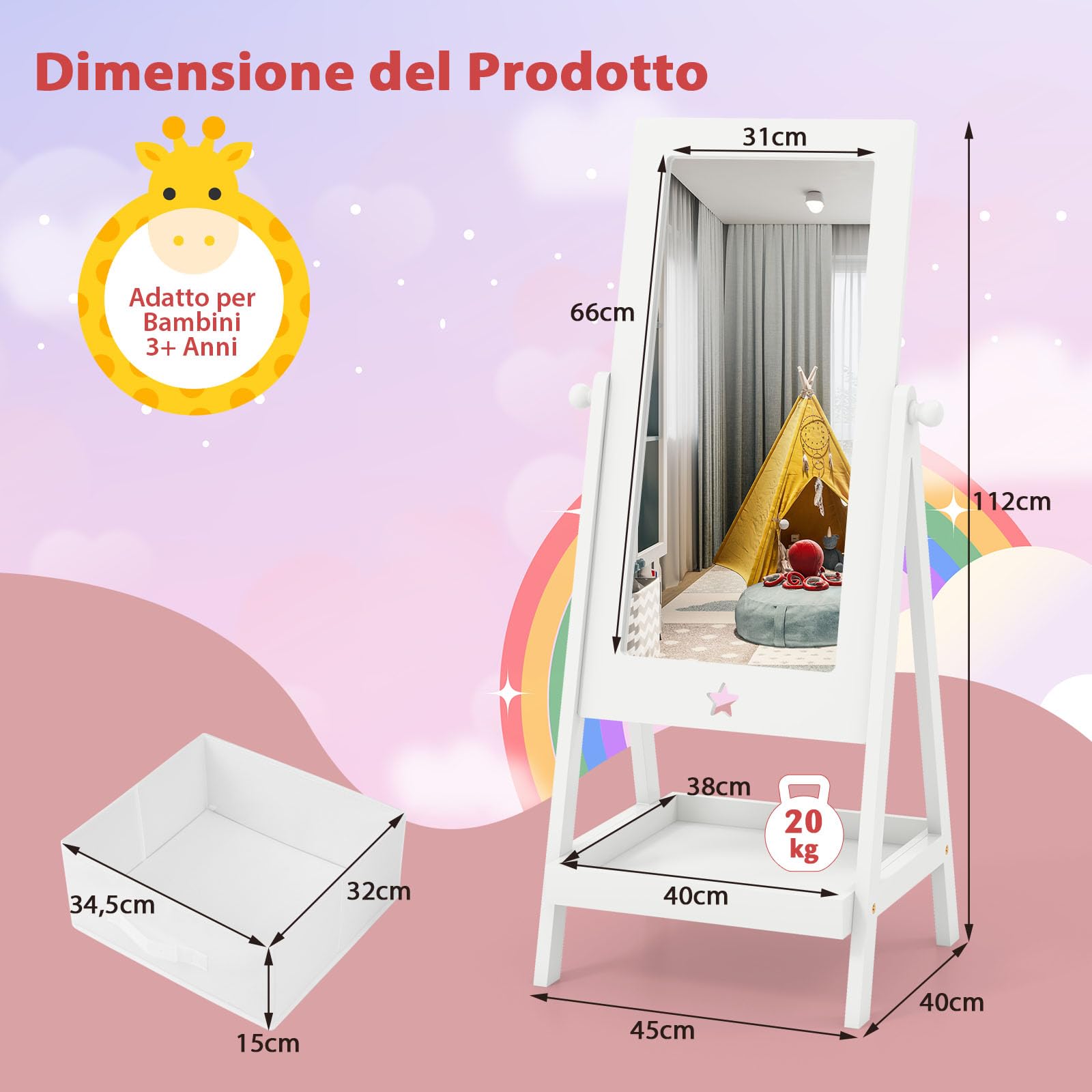 RELAX4LIFE Specchio da Terra Girevole a 360° per Bambini, con Mensola Portaoggetti, Cesto Ripiegabile, 45 x 40 x 112 cm, Bianco