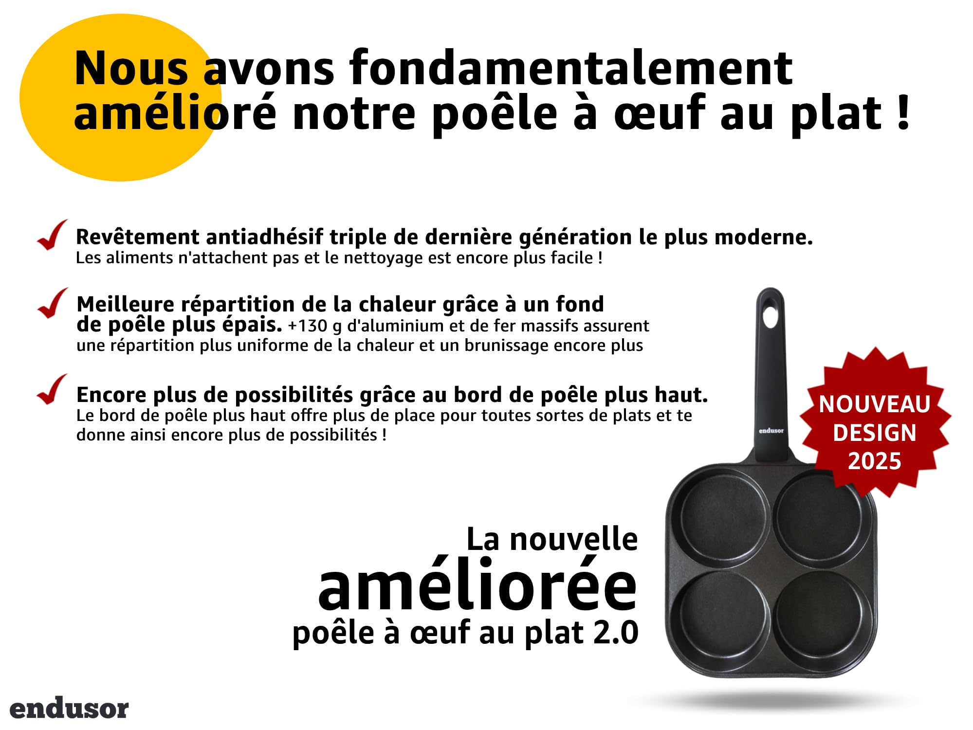 endusor Poele Pancakes et oeuf au plat - Poele de 21 cm adaptée à toute cuisinière + revêtement anti-adhésif & couvercle | Induction Gaz Céramique Électrique Halogène | 4 trous pour oeuf crêpe