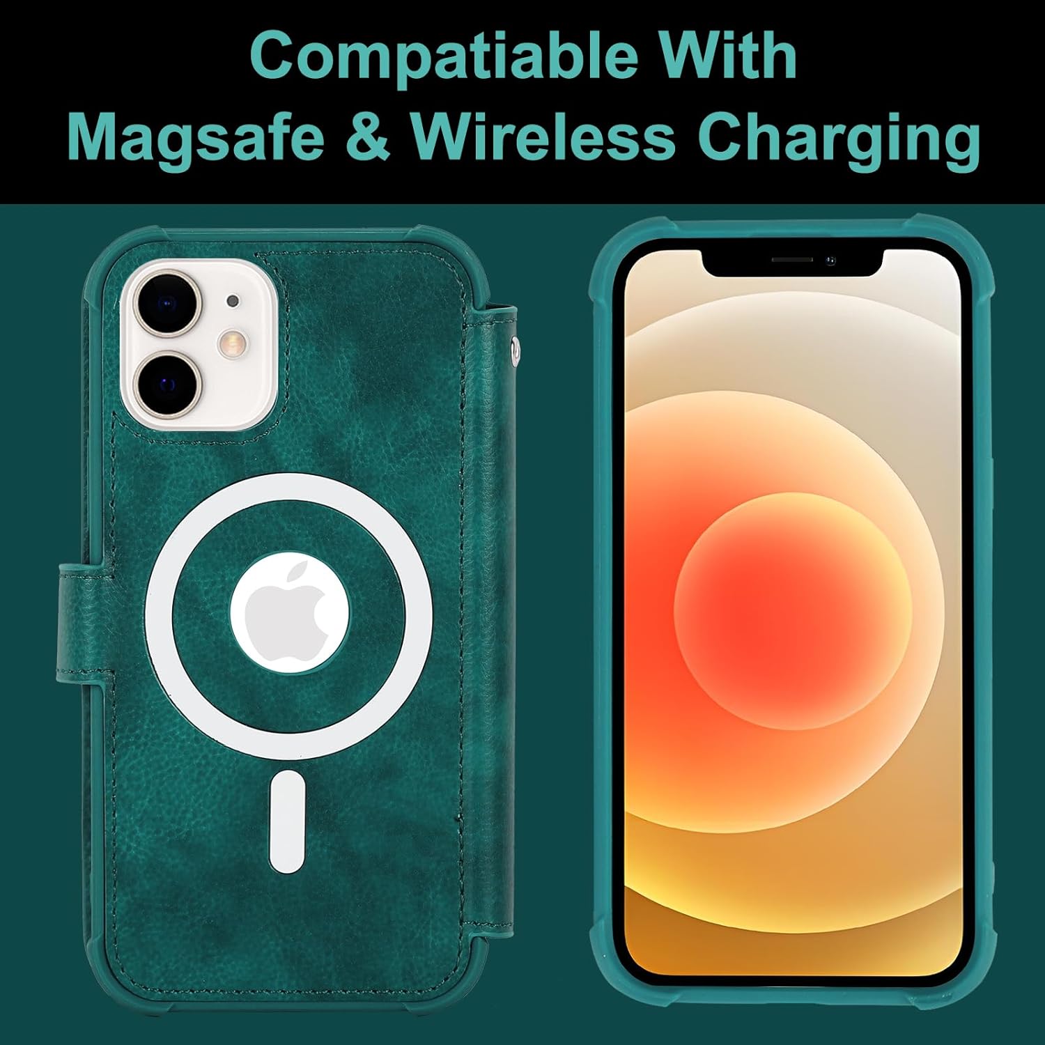 VANAVAGY Compatible for iPhone 12/12 Pro Wallet Case for Magsafe Wireless Charging, PU Leather Flip Phone Cover with Wrist Strap RFID Blocking Card Holder Screen Protector,Midnight Green - Image 6