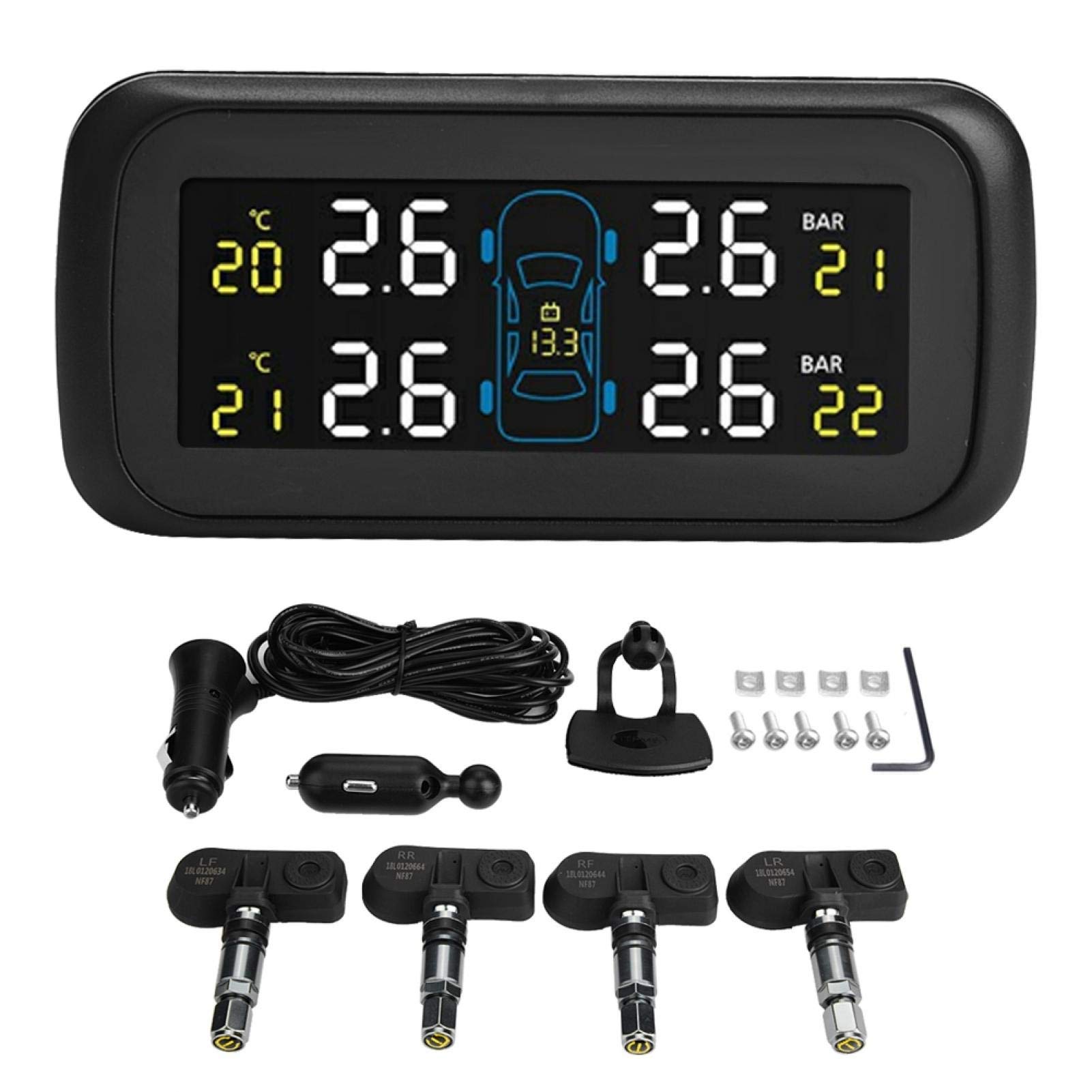 Sensor de presión de neumáticos, coche TPMS Sistema de control de presión de neumáticos Encendedor de cigarrillos LCD Cargador USB 4 Sensor interno