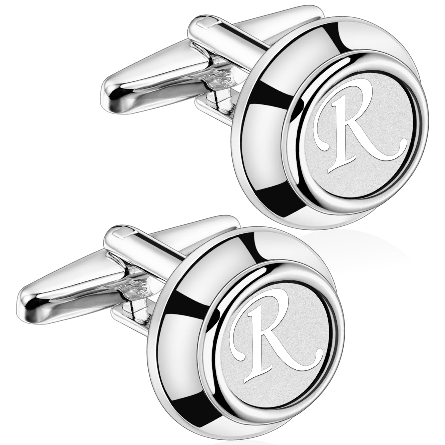 AMITERMens Cufflinks with Initial A-Z, Classic Silver 26 Letters Cuff Links for Men Business Wedding Shirts