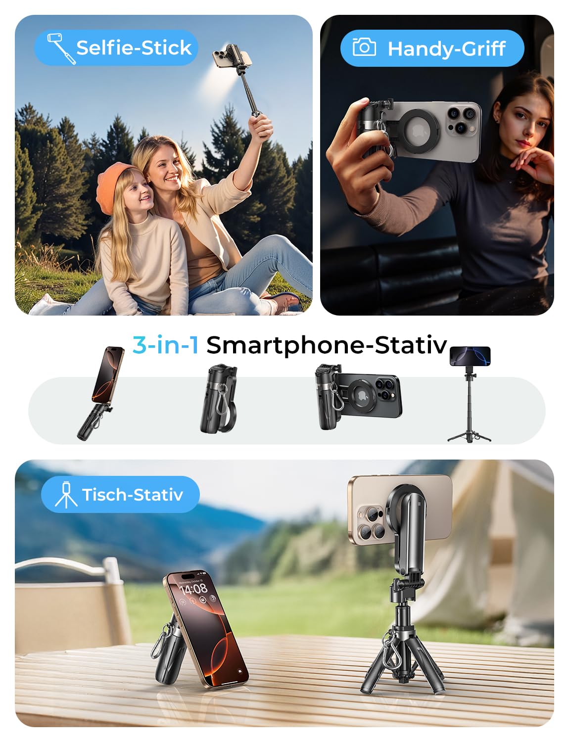 MAGIC JOHN Phone Tripod with 2 Selfie Light, Portable Pocket Size Selfie Stick, Selfie Stick with Detachable Remote Control for Photograph, Live Streaming, Video Recording