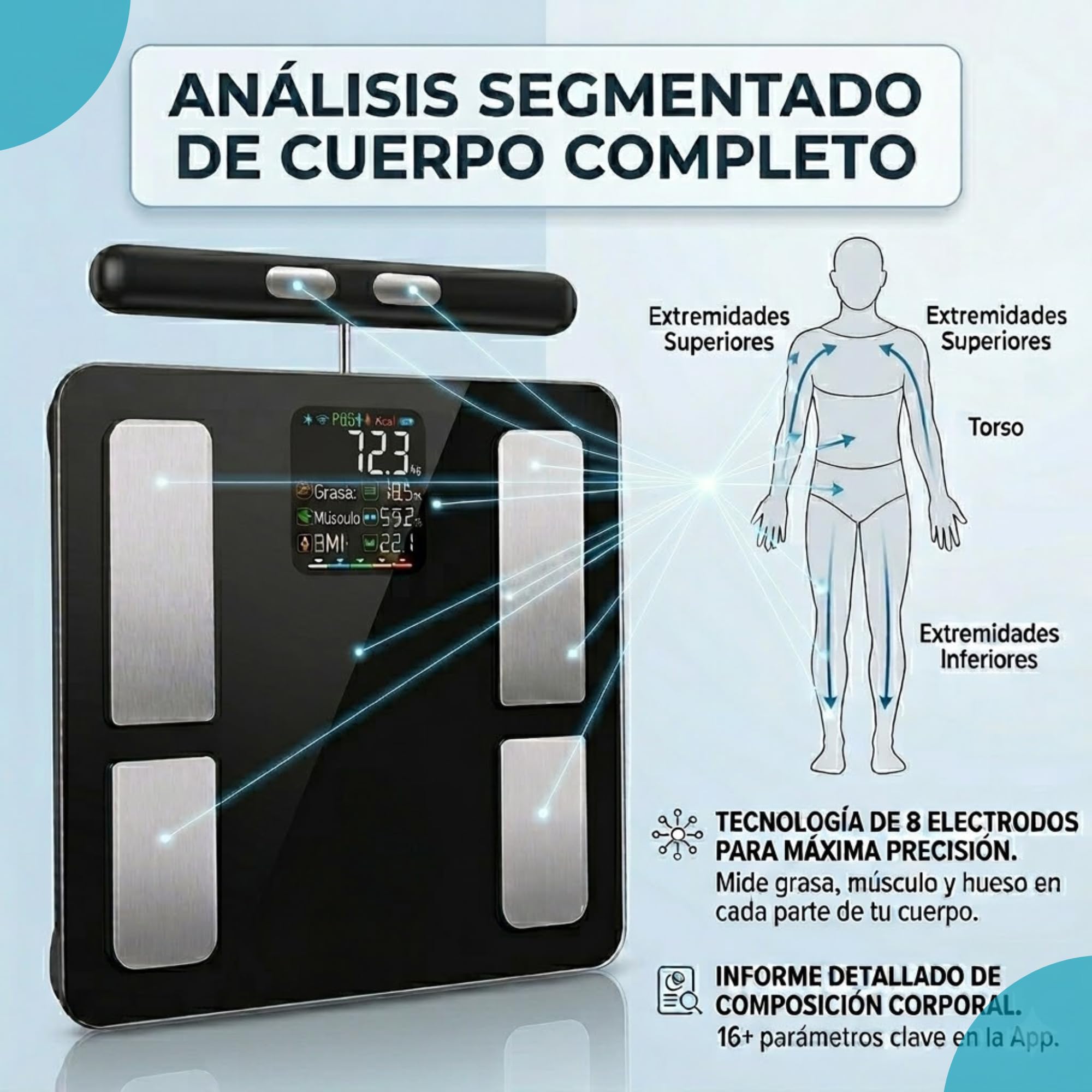 Báscula bioimpedancia Inteligente bluetooth, Análisis Corporal Completo +27 mediciones,%grasa corporal, músculo, 8 Electrodos de Alta Precisión, 180 kg