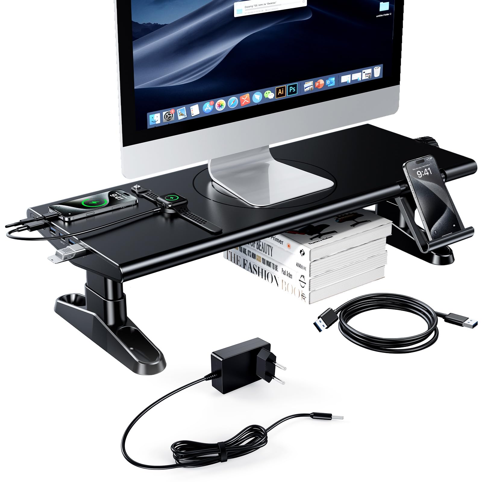 Monitorständer mit 6 USB C 3.0 Hub,HöHenverstellbar Monitor Erhöhung Schreibtisch Organizer Monitor Stand Riser mit Handyhalterung,Bildschirmerhöhung Ständer für Laptop,Computer,PC,Tv(Schwarz)