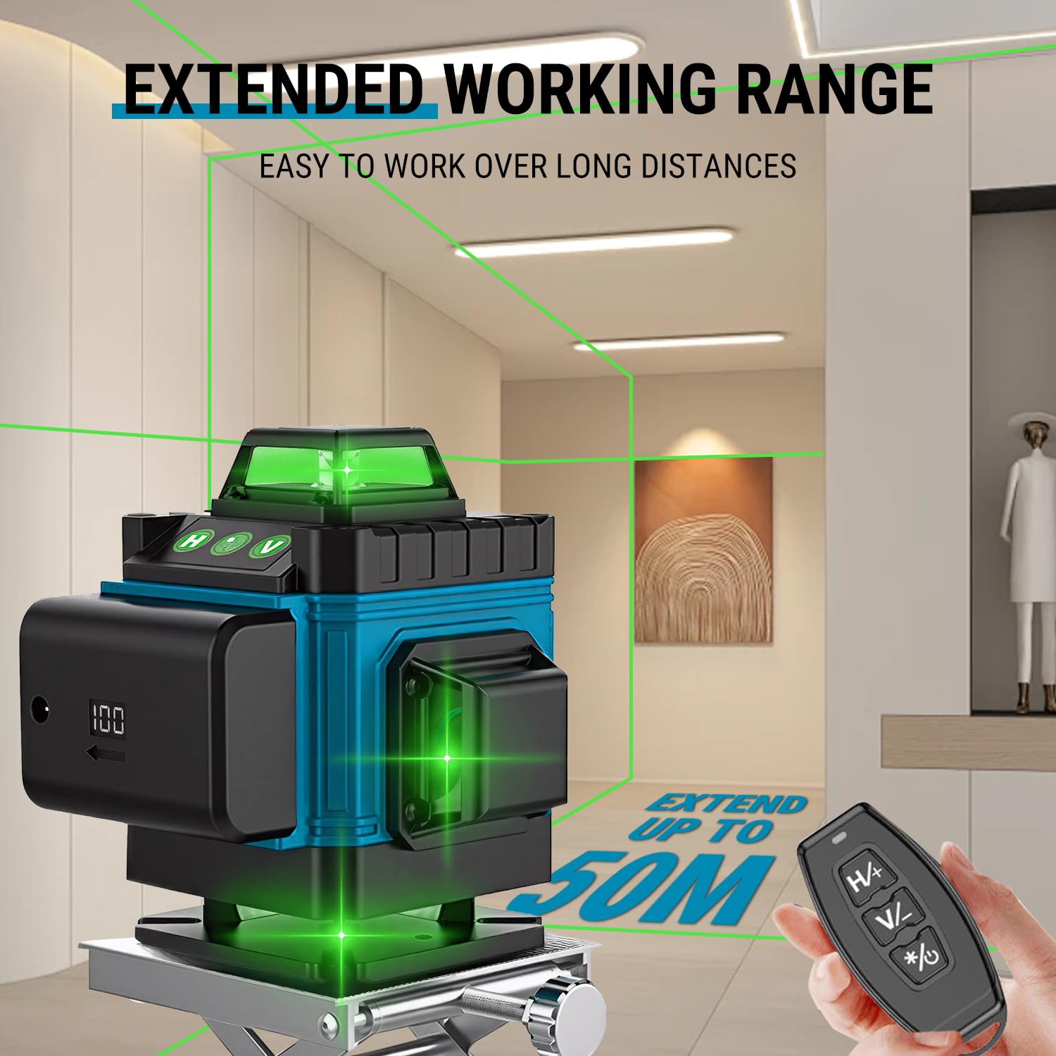 VOBOR Nivel Laser con Tripode, 4D Nivel Láser Autonivelante 360° con 2x4800mAh Batería, IP54, Control Remoto, 16 Líneas Laser Verde para Obras,Interiores