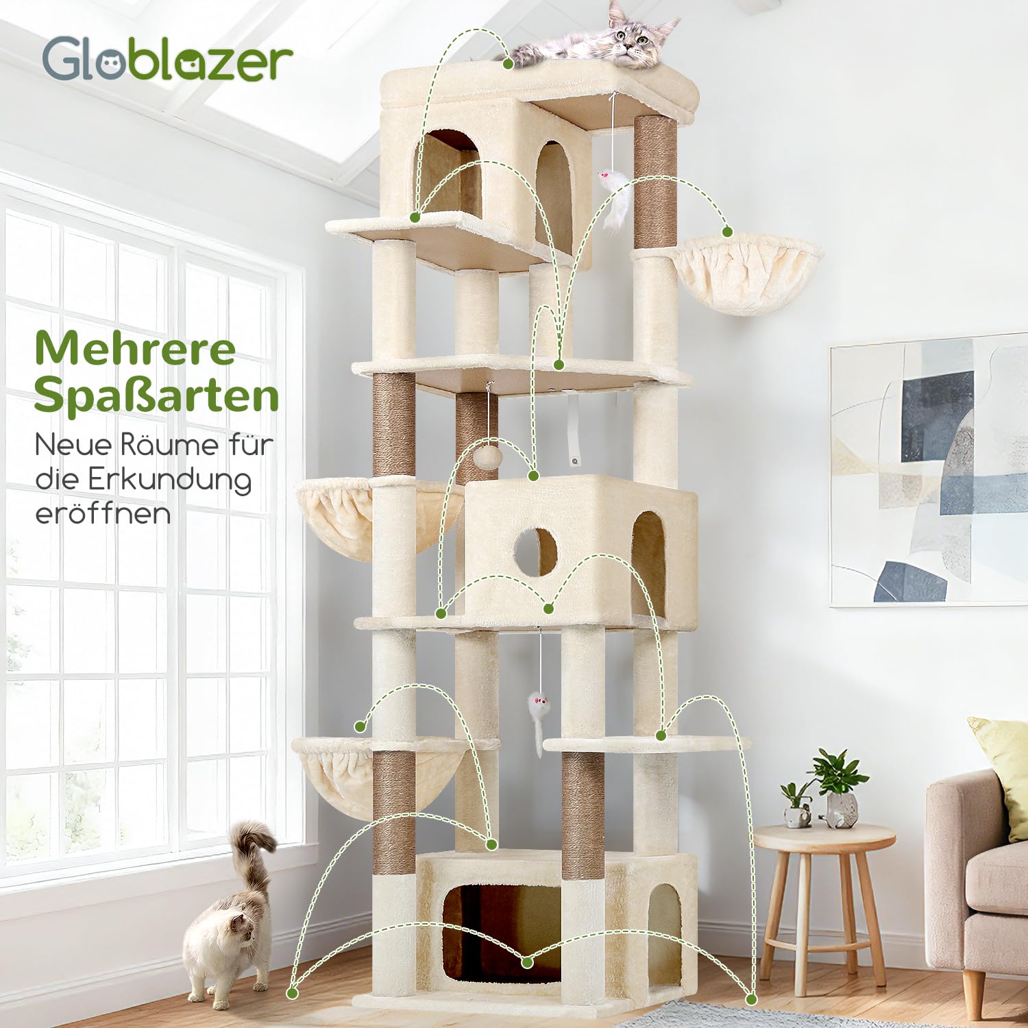 Globlazer F80F Kratzbaum Beige Große XXL 204 cm Stabil für 3-5 Groß Katze | Luxus Katzenbaum mit 3 Katzenhaus, 2 Große Plattformen,3 Weich Katzenkorb für 3-5 Erwachsene Katze Ausruhen Spielen Kratzen