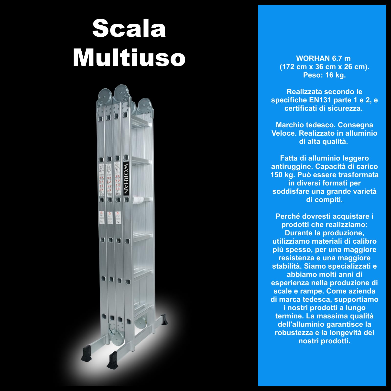 SCALA MULTIUSO IN ALLUMINIO 6.7m PIEGHEVOLE MULTI POSIZIONE 14 FUNZIONI CON STABILIZZATORI KS6.7