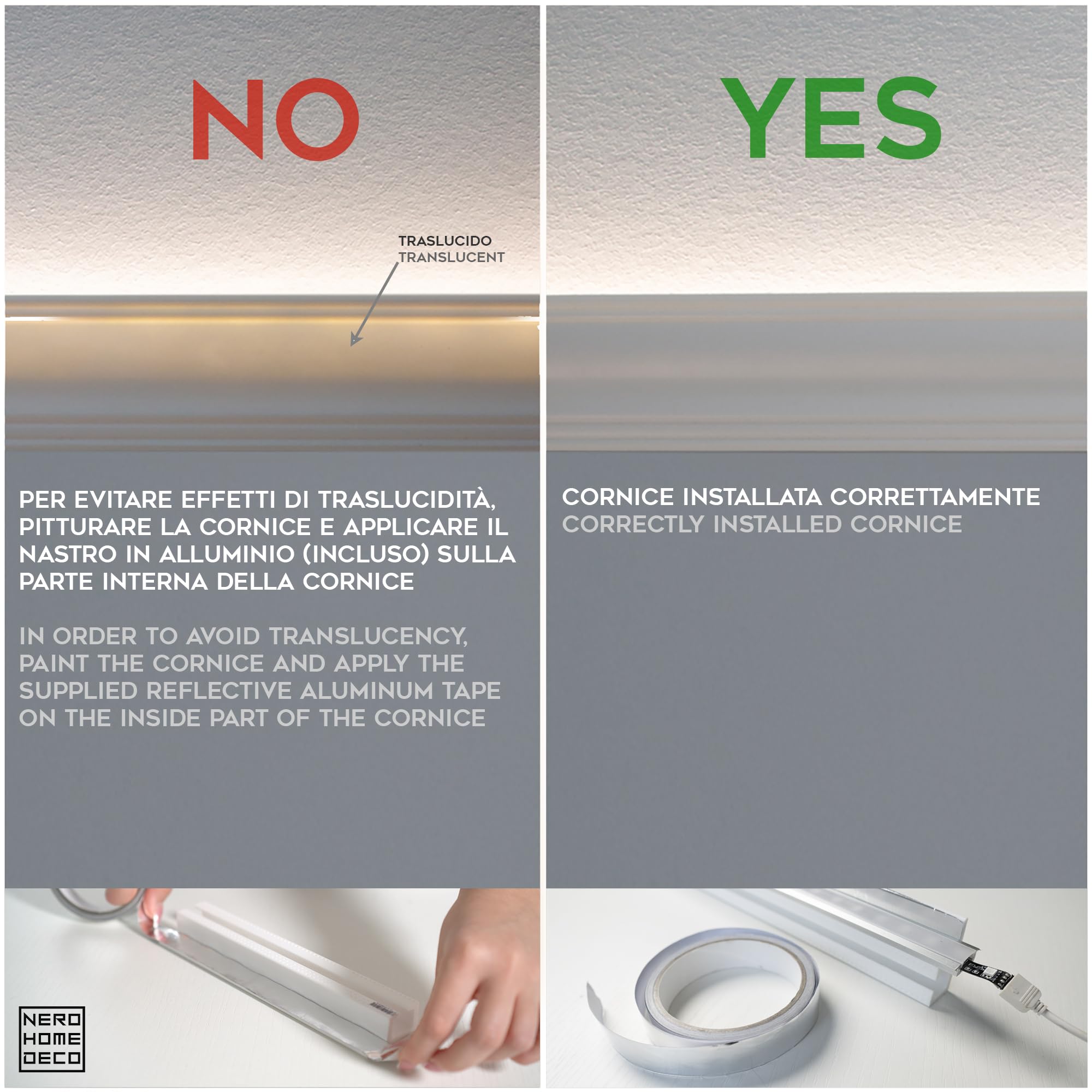 Cornici velette per led a soffitto e parete (4 o 10 metri lineari - KH903), per illuminazione indiretta con le strisce led | decorative, prefabbricate in duropolimero (10 metri)