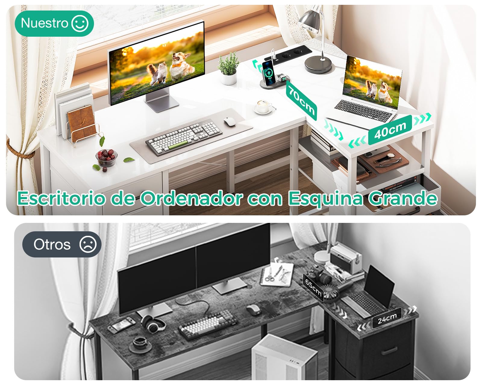 Coleshome Escritorio Esquinero con Cajones de Tela, 140x80cm Reversible Escritorio en L con Cajón para Archivos, Mesa Escritorio para con Puerto de Carga USB y Toma de Corriente, Blanco