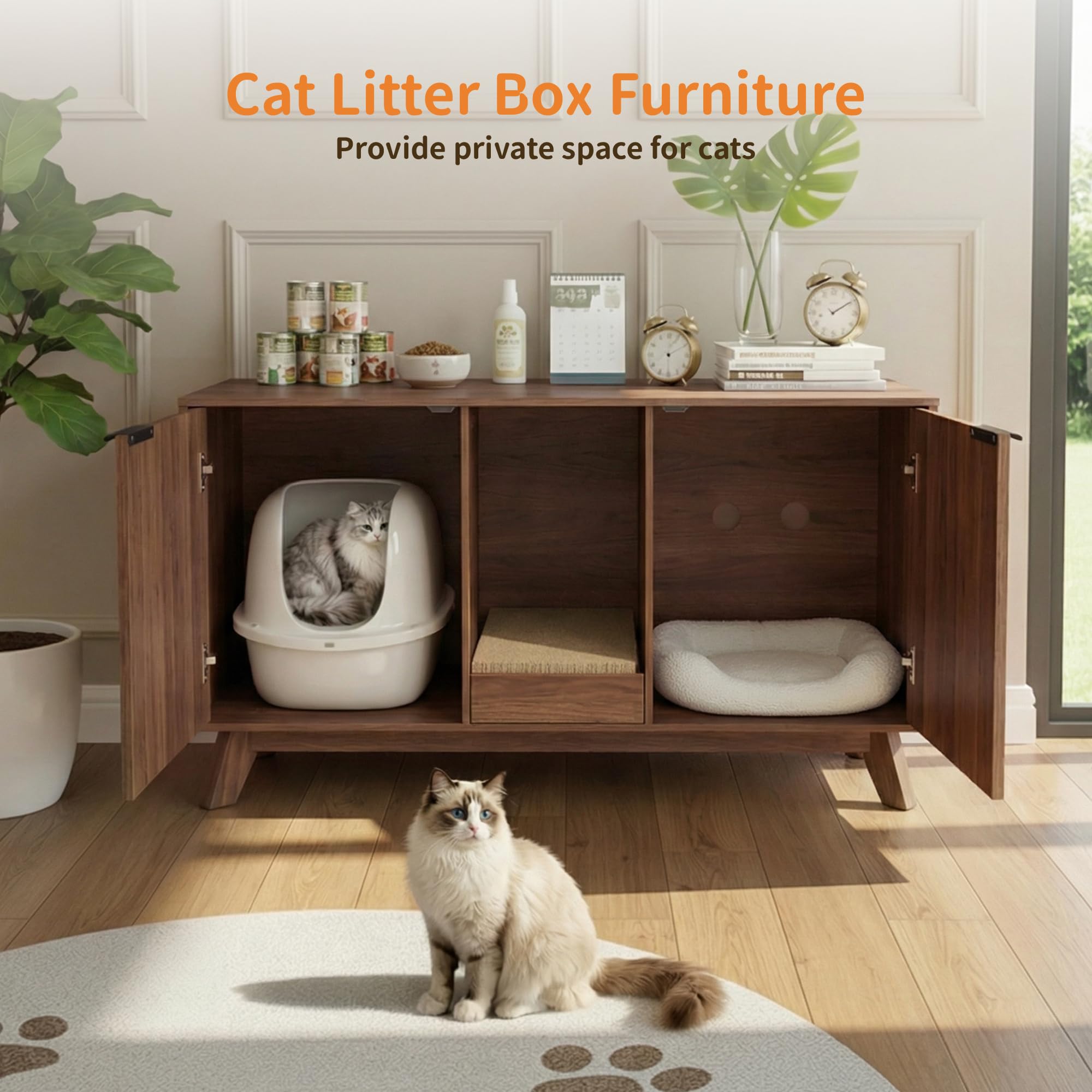 Double Cat Litter Box Enclosure for 2 Cats,Fluted Hidden Litter Box Furniture with Litter Collector & Scratch Pad,47" Large Enclosed Cat Cabinet,Cat House,TV Stand,for Living Room,Walnut - image 3