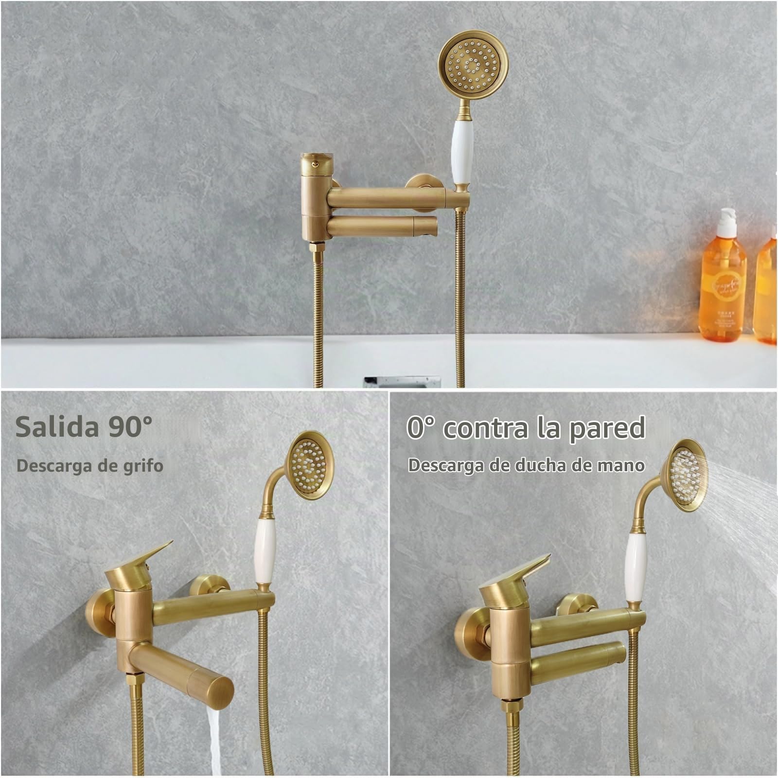 Grifo de Bañera con Ducha de Mano Latón Antiguo | Retro mezclador monomando de bañera en pared, caño largo giratorio de 90 ° con soporte y 1.5m manguera