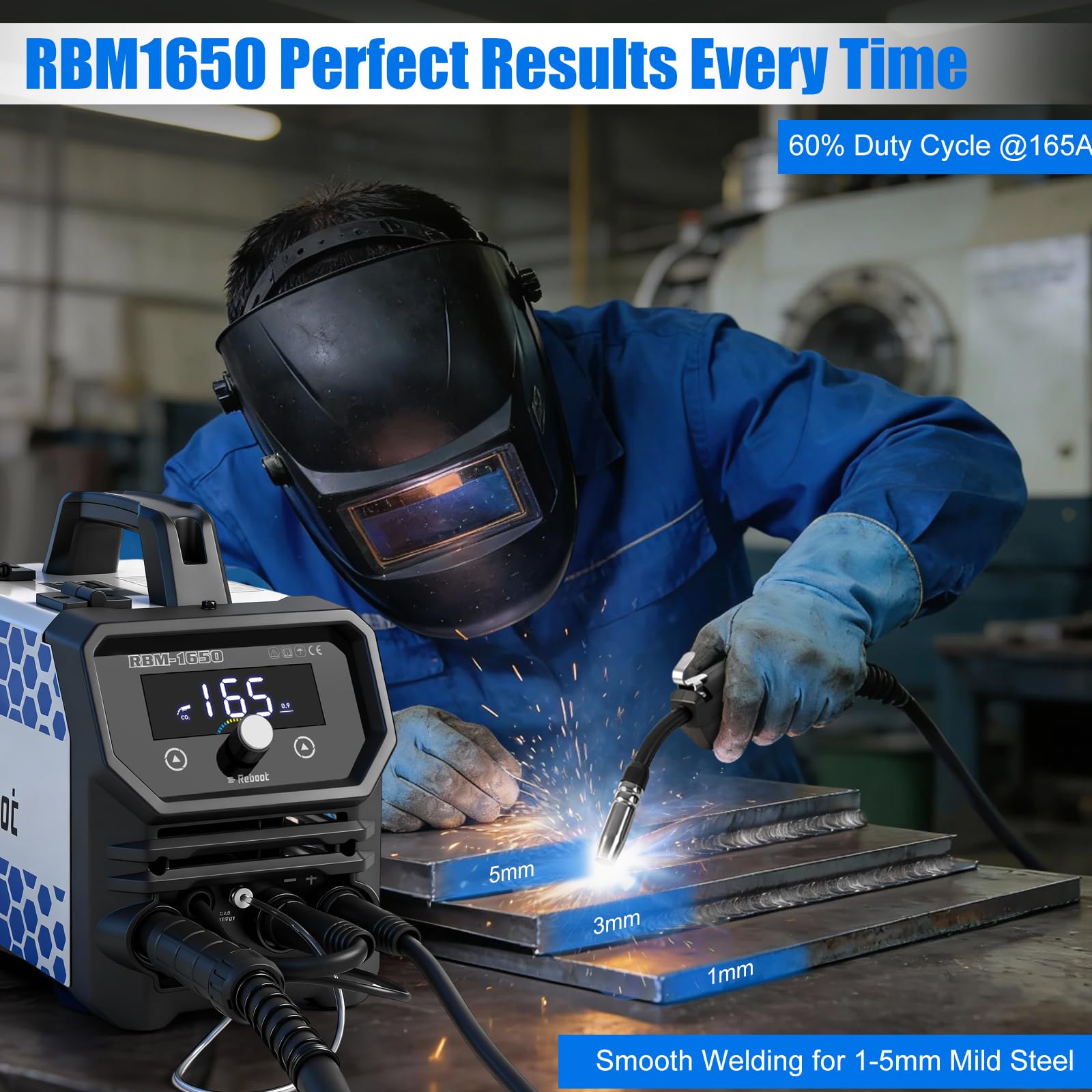 Reboot Schweißgerät 4 in 1 Gas/Gaslos – MIG/MAG/MMA/Lift-TIG Inverter IGBT, 165A Fülldraht Schweißgerät mit 1-Knopf-Synergie & Anti-Stick, LED-Display, ideal für Heimwerker & Kfz-Reparatur