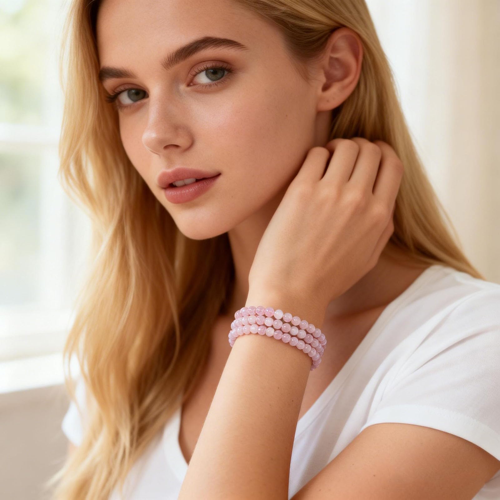 Braccialetti Rosa Naturali Fatti a Mano, Braccialetti Elasticizzati con Pietre preziose al Quarzo Fantasma Braccialetti Quarzo Rosa, per l'energia positiva dell'amore Meditazione,3MM