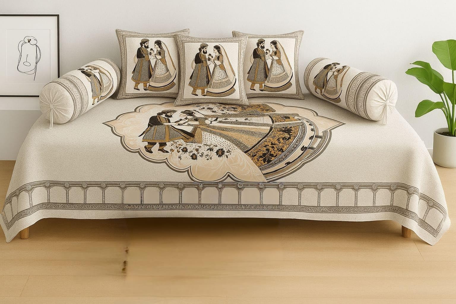 Jaipuri Cotton Diwan Set, Traditional Indian Jaipuri Print, Floral and Folk Design, 6 Piece Set, 1 Diwan Sheet, 3 Cushion Covers, and 2 Bolster Covers (Beige)