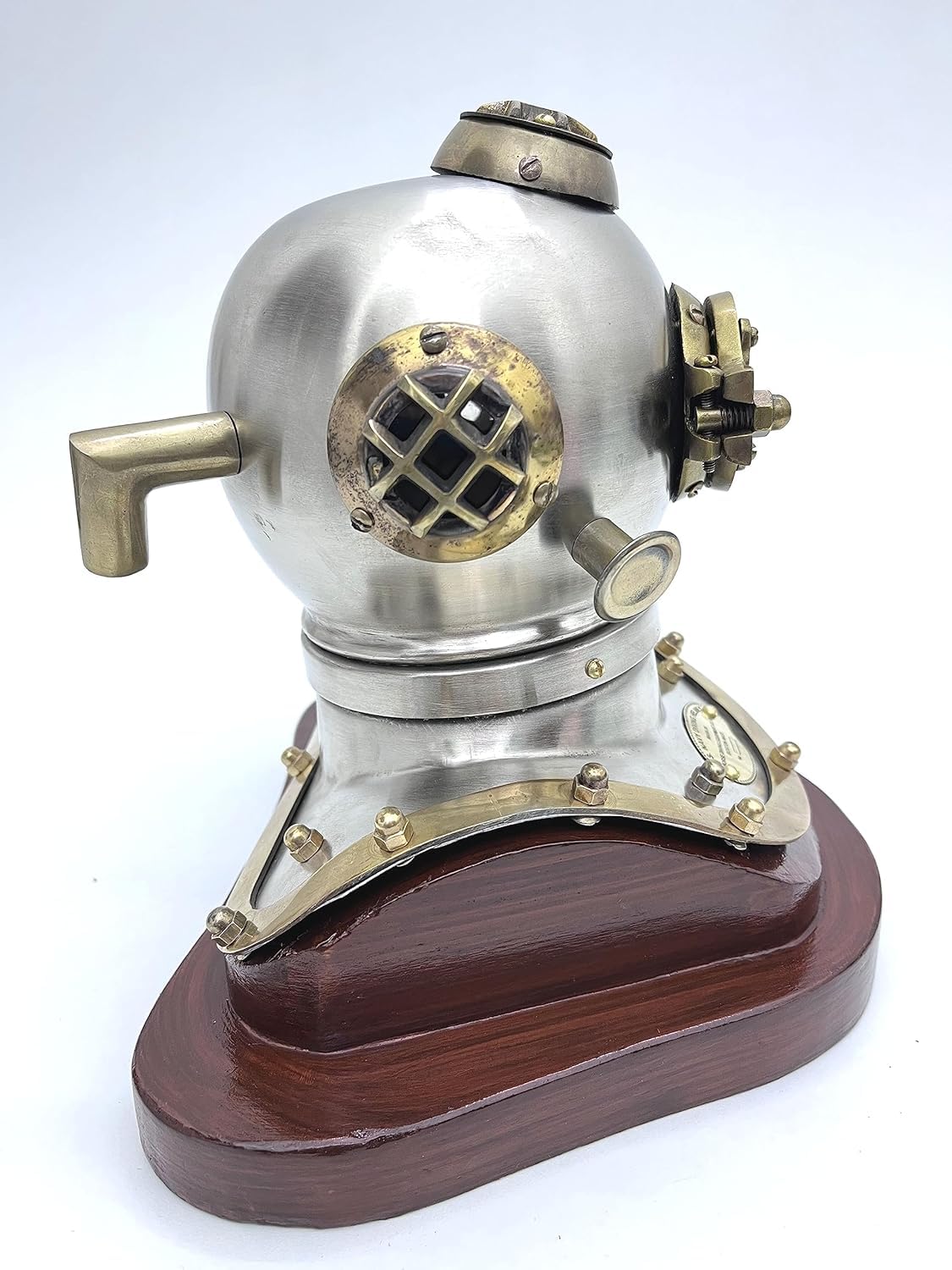 Mini Mark - Casco de buceo antiguo plateado de 6 pulgadas con base marrón