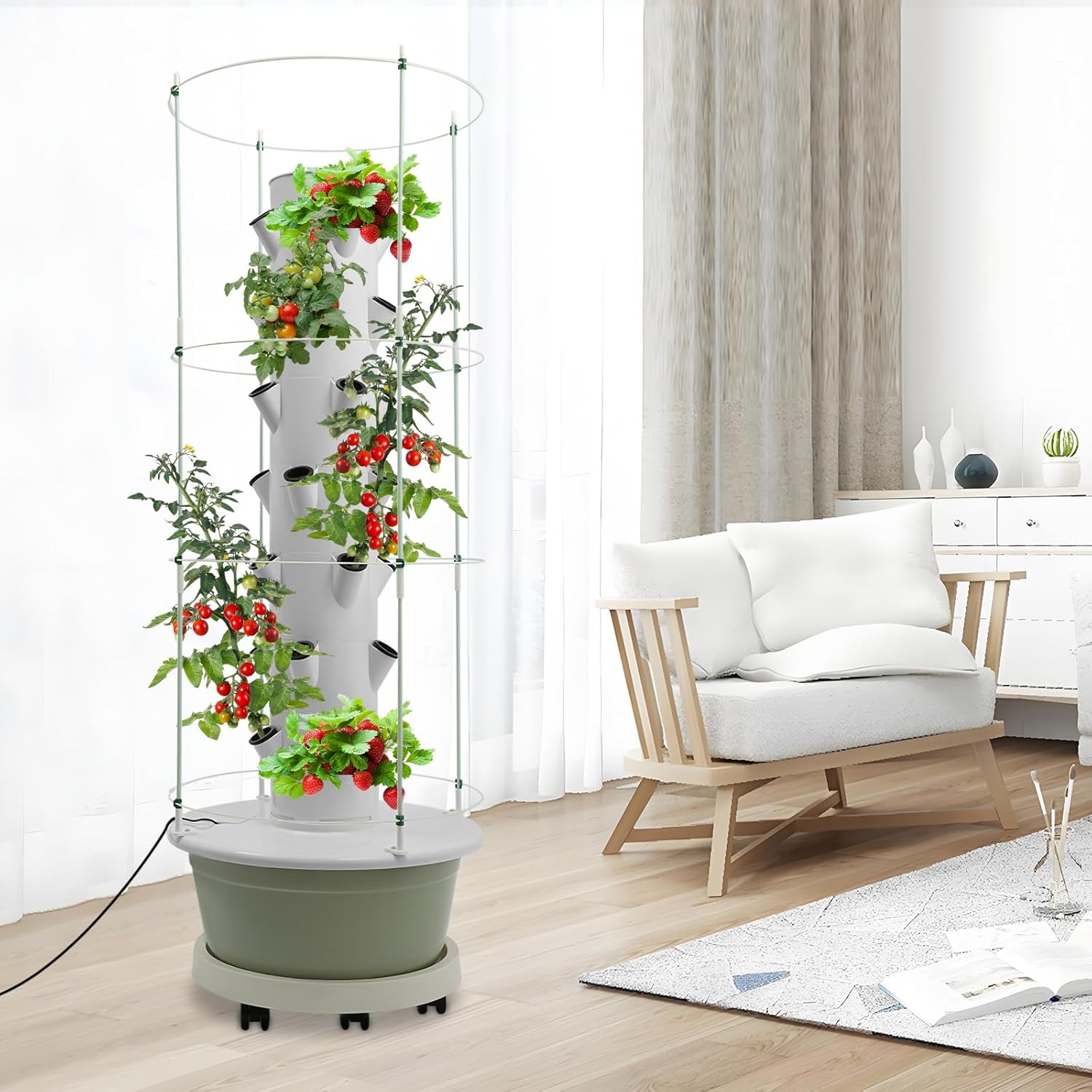 Hydroponic Growing Tower Kit, 7-Tier 28 Plant Hydroponic Indoor Vertical Garden with Climbing Trellis & Timer, Vertical Hydroponics System for Lettuce, Strawberries, Herbs, Vegetables, White