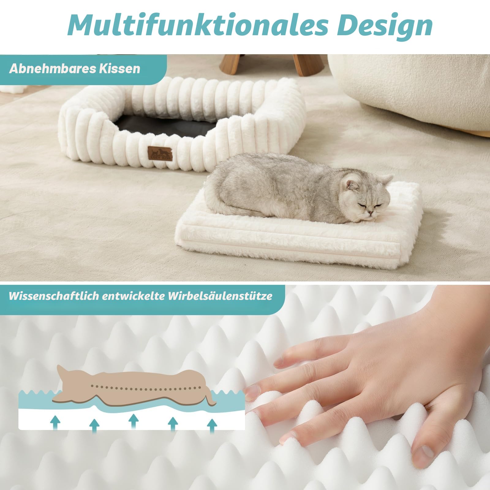 COZY KISS Orthopädisches Waschbares Hundebett, für Katze und Kleiner Hunde, Weicher Kunstfell Hundekorb, Haustiersofa mit Hoher Umrandung, Rutschfestes, 64 x 53 x 15 cm, Beige