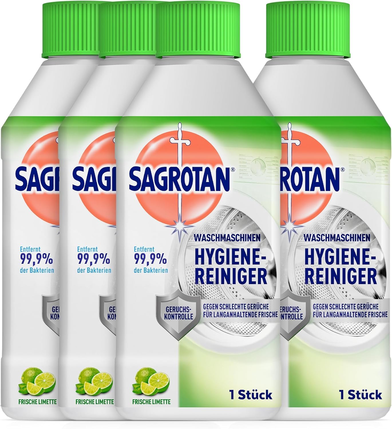 Sagrotan Waschmaschinen Hygiene-Reiniger Frische Limette – Maschinenreiniger für eine hygienische Waschmaschine – 4 x 250 ml