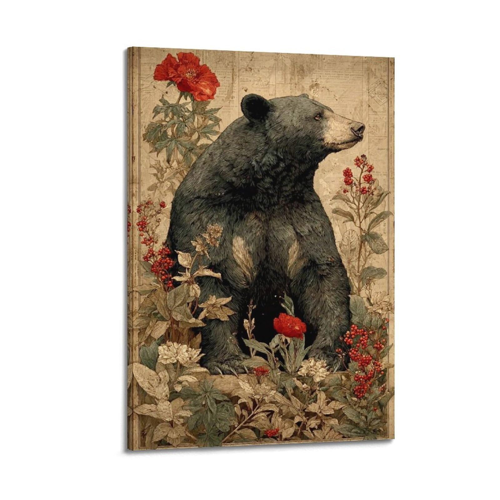 OKAHYS Vintage Black Bear Flowering Plants Artwork Poster Decorative Painting Canvas Wall Artworks Picture 20x30inch(50x75cm)