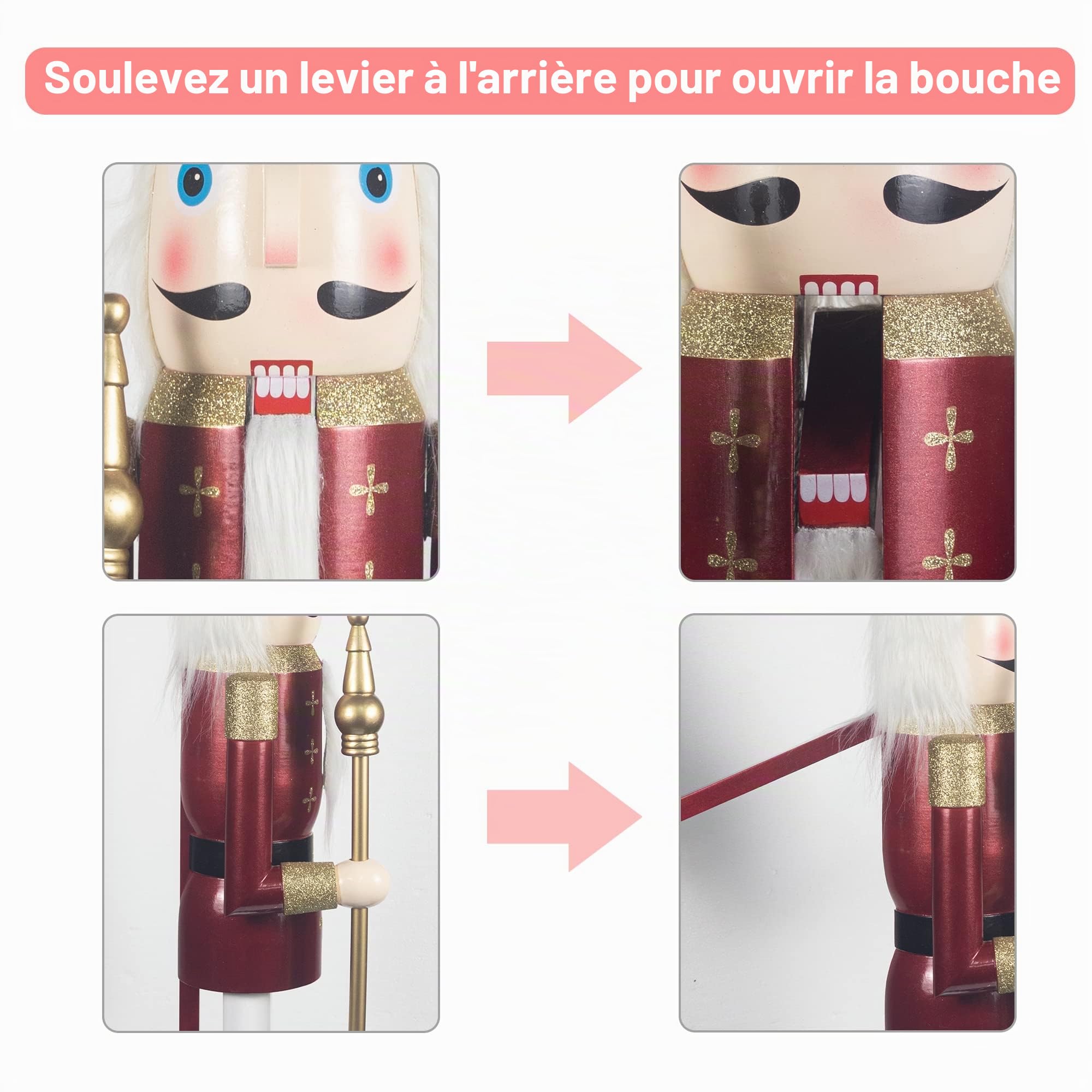 Casse Noisette Noel geant 120 cm Grand XXL Rouge Roi Soldat Casse-Noisette de Noël en Bois Grandeur Nature avec Support Décoration de Noël