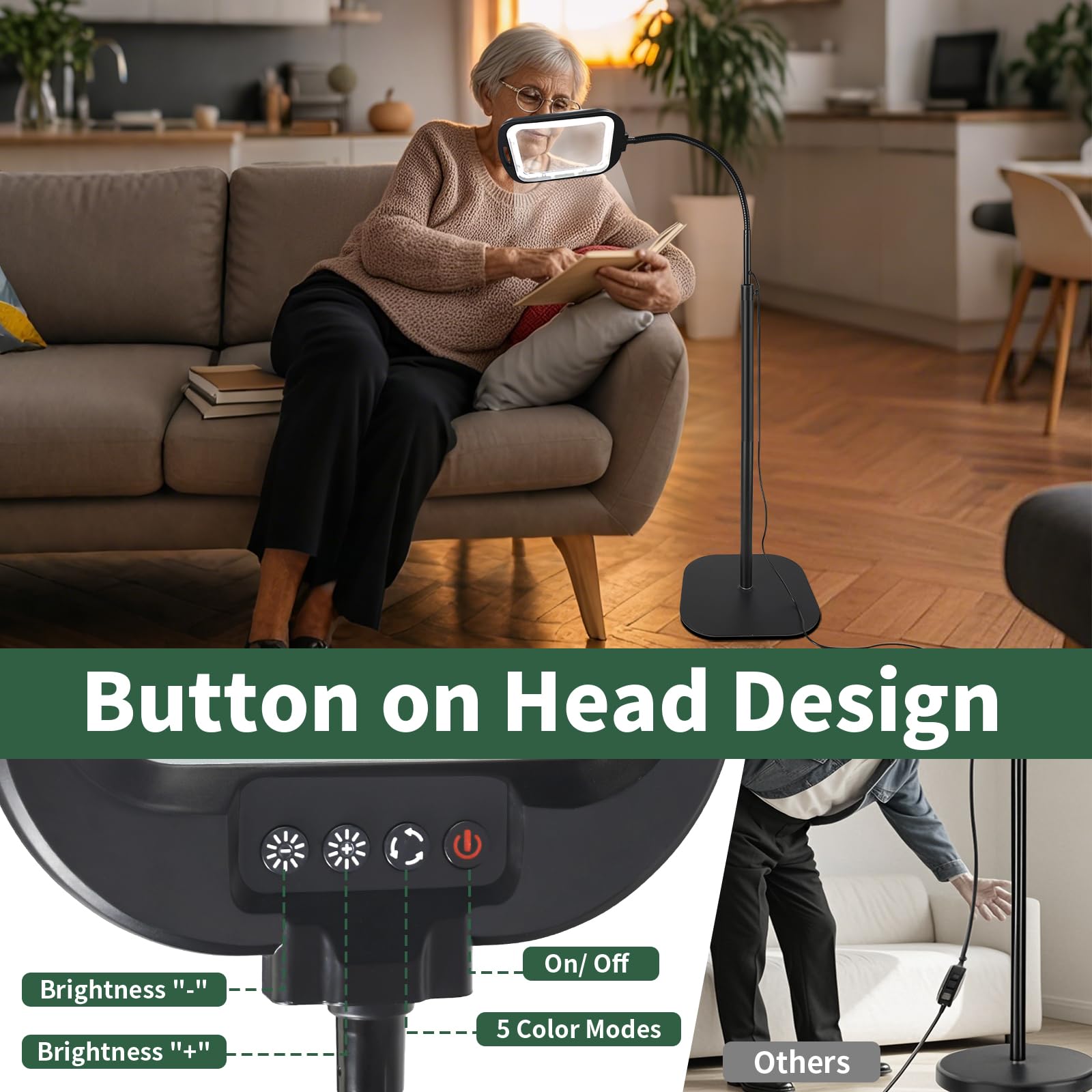 GABORISH 10X Standlupe mit Licht und Ständer, 3 in 1 Lupenlampe mit 60 LED, Rechteckige Flexible Schwanenhals Lupenleuchte mit Klemme, 5 Farbmodi Dimmbar Händefrei Leselupe mit Licht für Senioren Groß