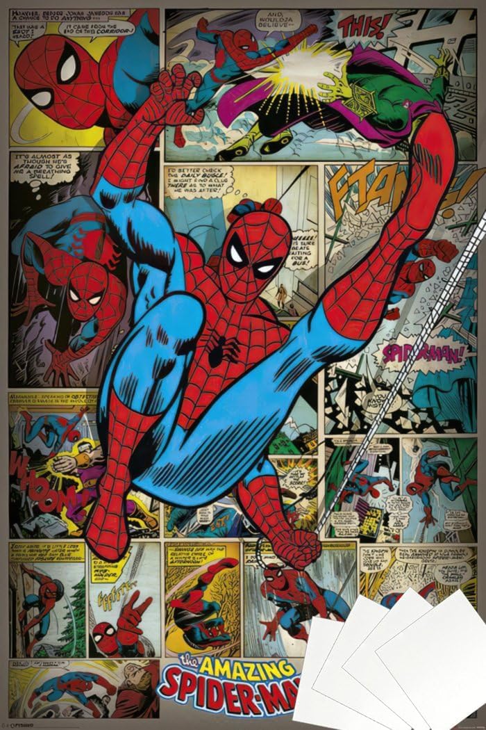 The Amazing Spider-Man – Póster impreso de Marvel Comics (estilo retro, montaje cómico) (tamaño 24 x 36 pulgadas) (juego de póster y tira de