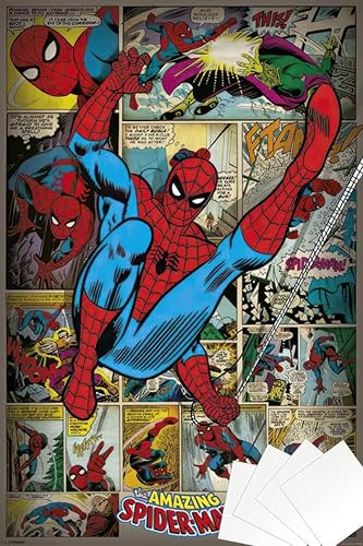 The Amazing Spider-Man - Póster impreso de Marvel Comics (estilo retro, montaje cómico) (tamaño 24 x 36 pulgadas) (juego de póster y tira de
