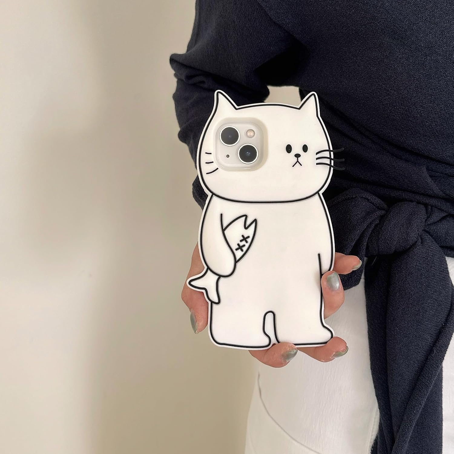 MC Fashion Silicone Case for iPhone 16 Pro, Cute 3D Cartoon Cat with Fish Soft Protective Cover for Girls Women image 5