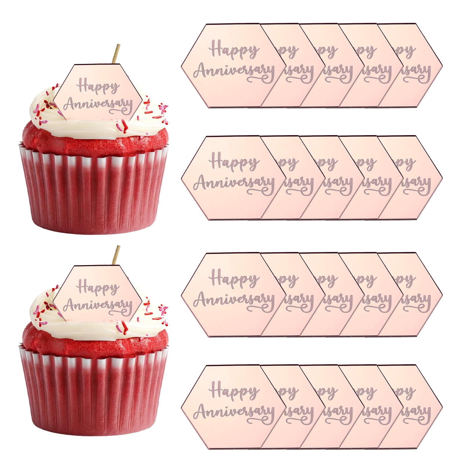 sourcing map 20Pcs Acrylic Mirror Cake Toppers, Happy Anniversary Cupcake Toppers Hexagon Shapes Laser Picks Dessert Decorations for Celebrating Party Wedding Shower, 059-Rose Gold