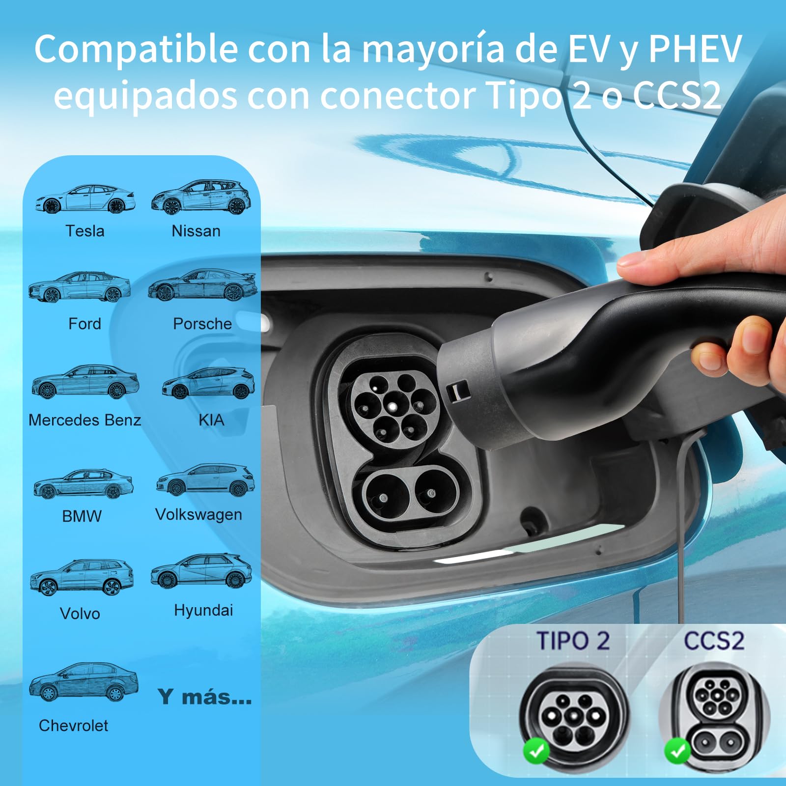 Cable de carga para coche eléctrico tipo 2: cable de carga para vehículos eléctricos 7 kW 32 A monofásico, compatible con todos los modelos Tipo 2/CCS2, EV/PHEV, IEC 62196-2, 5 m, bolsa