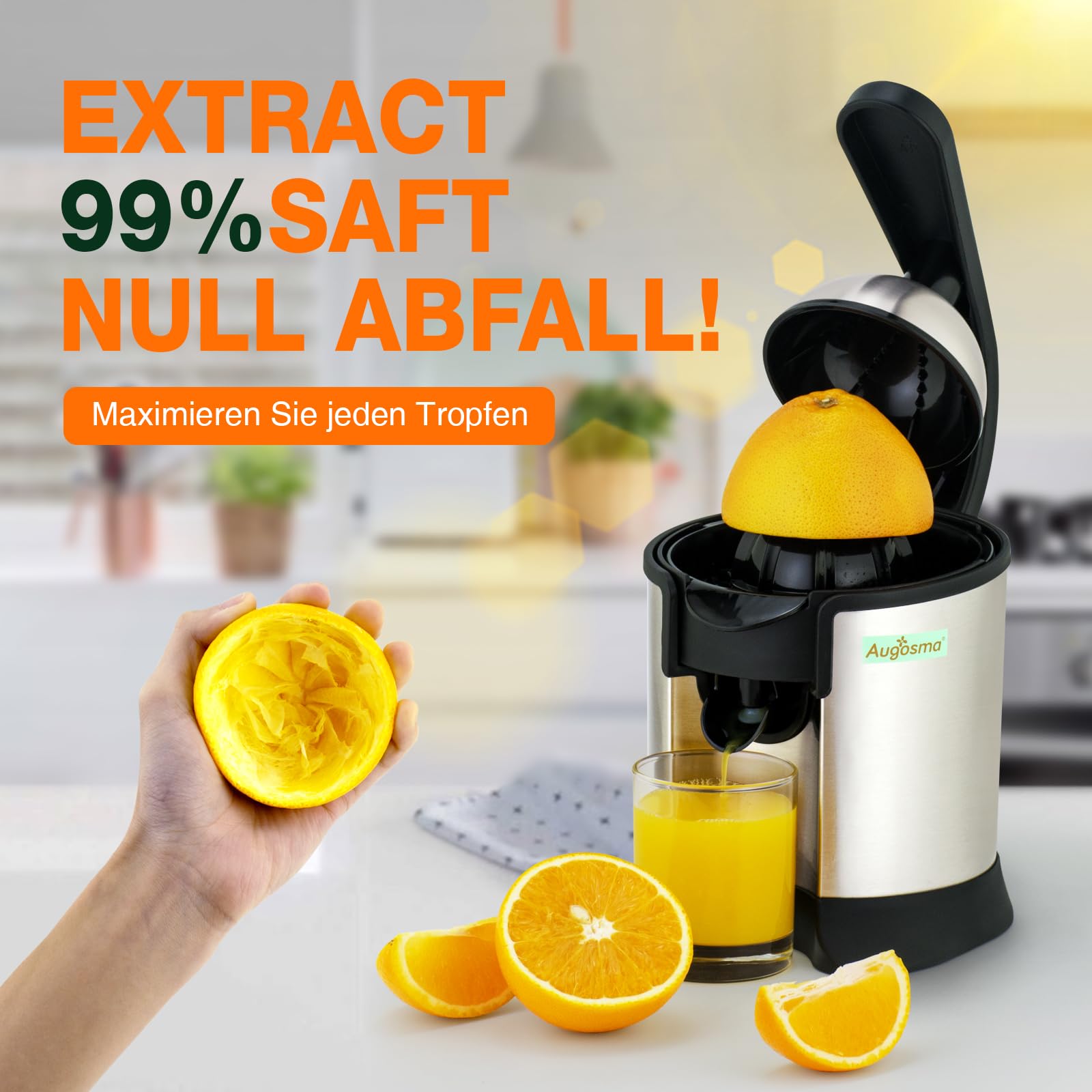 Exprimidor eléctrico, apto para naranjas, limones y pomelos, acero inoxidable cepillado, fácil de limpiar y usar (negro+plata)