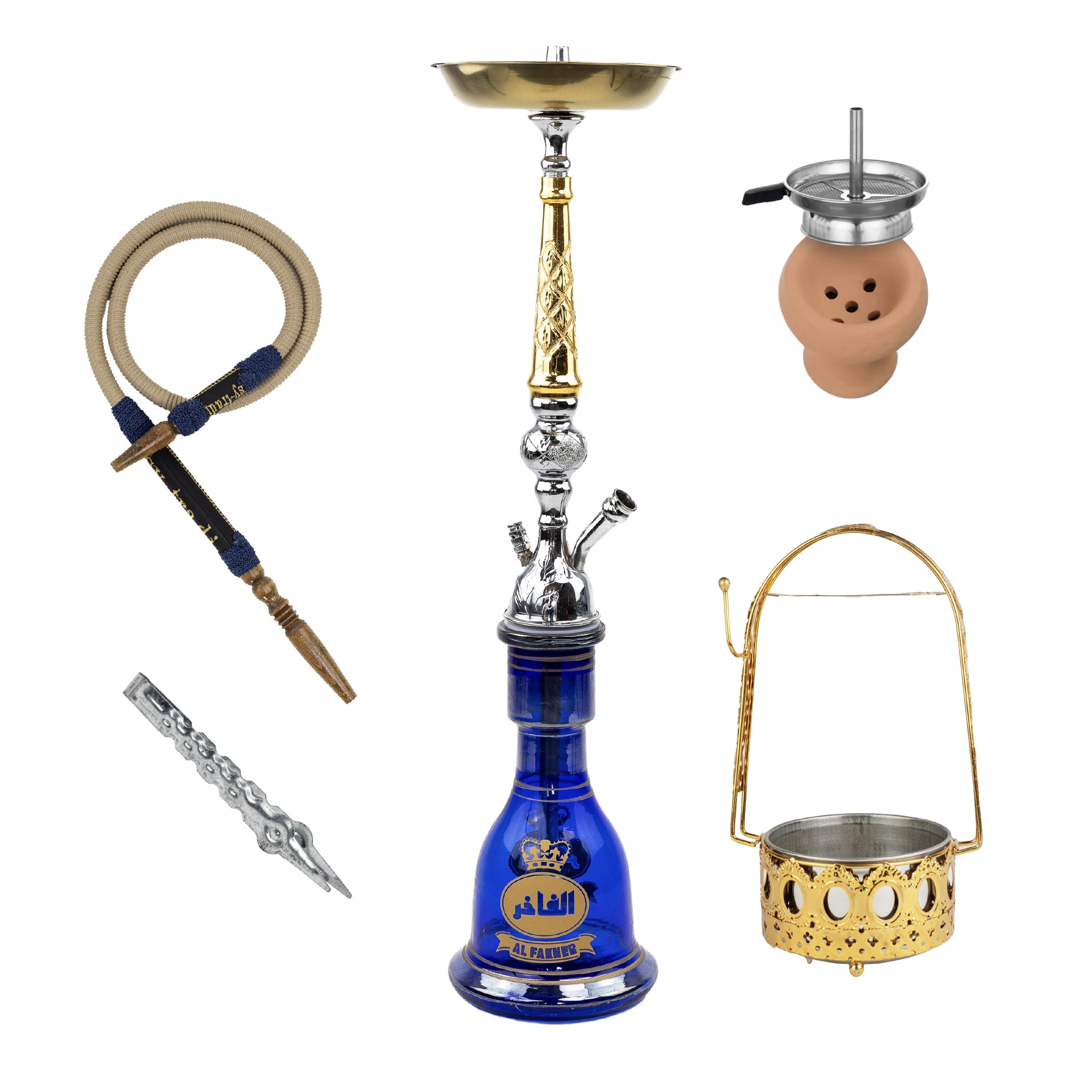 Cachimba Tradicional Al Fakhir 70 cm | Shisha de Latón Dorado con Manguera de Cuero, Cazoleta de Terracota, Gestor de Calor, Pinza y Porta Carbón Dorado
