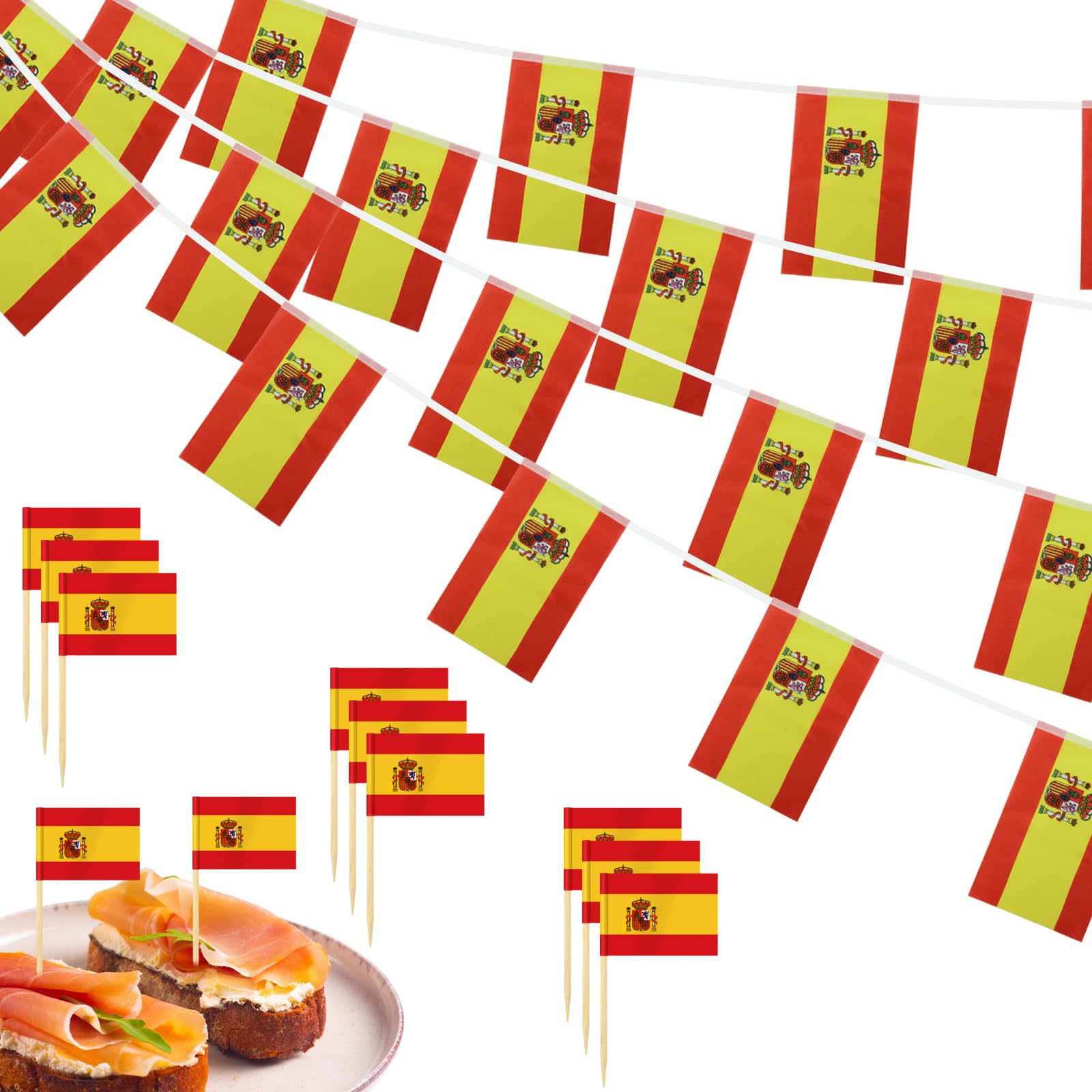 Lunhoo Spanish Flag Decoration Set, 10 m/33 ft Fabric Flag Bunting, and 100 Spanish Flags Toothpicks, Cake Toppers, for Football Match, Various Sports Events, Spanish Cultural Events Party Decorations