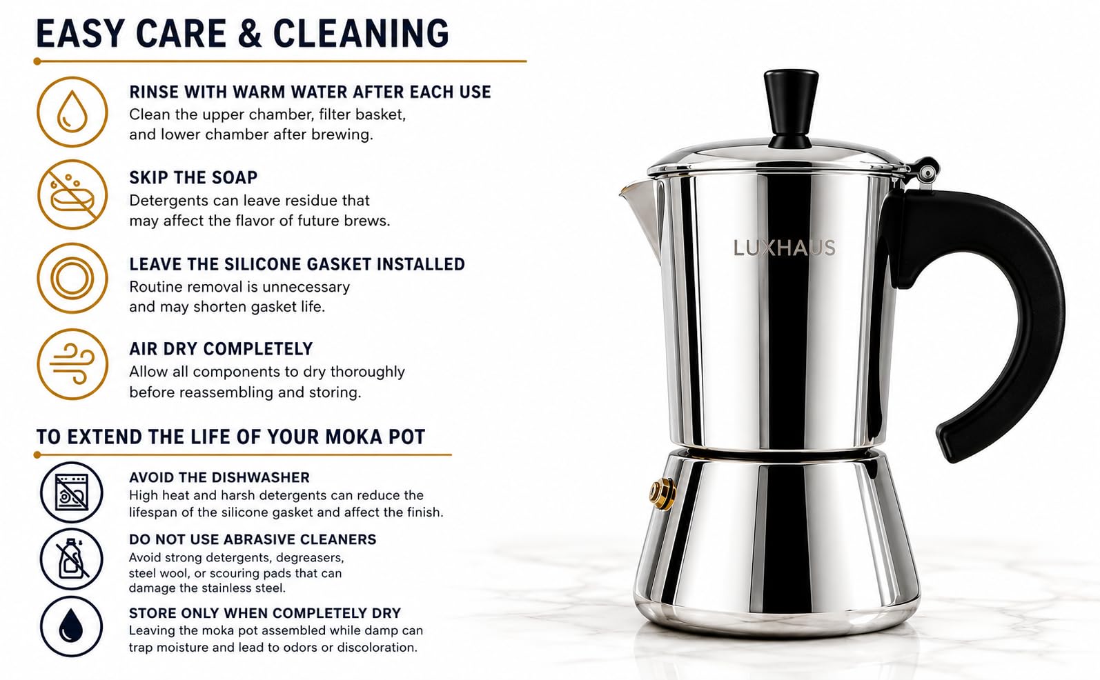 LuxHaus Moka Pot - Cafetera espresso para 6 tazas - Cafetera moca italiana y cubana 100% de acero inoxidable