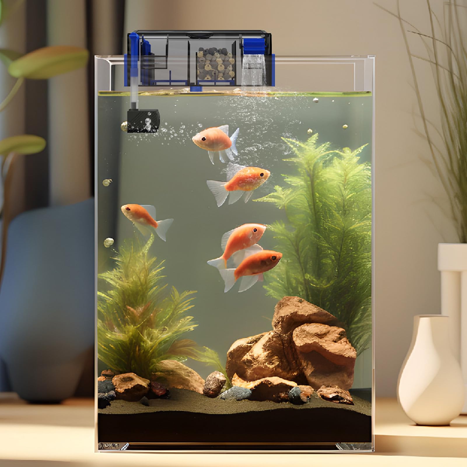 Qcwwy Filtre Anti-Goutte pour Aquarium, Filtre à Eau Léger pour Aquarium, Taille Compacte, Système de Filtration de Filtre à Cascade Suspendu à écoulement d'eau Réglable pour