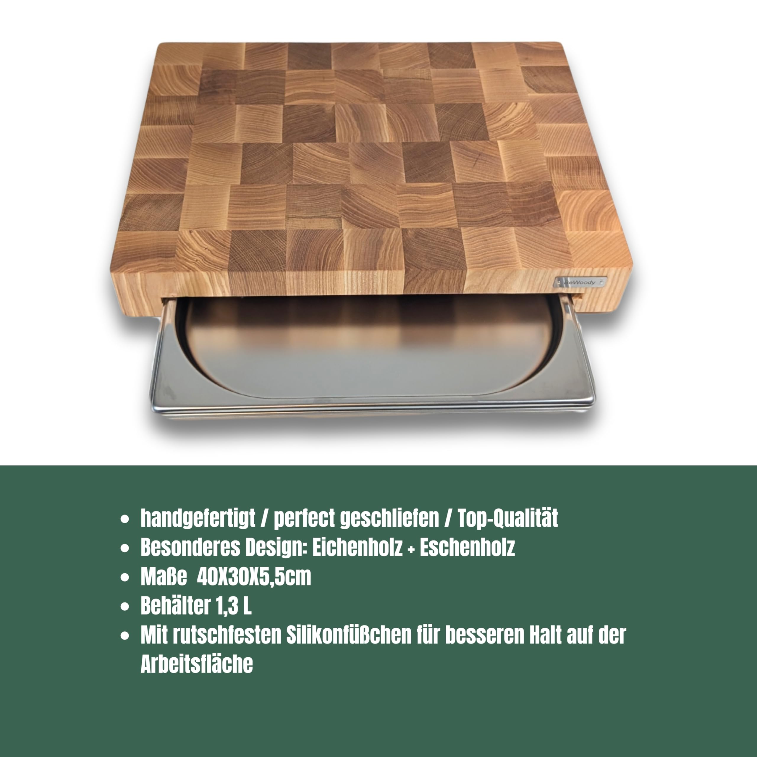 Premium Stirnholz Schneidebrett Eiche & Esche 40×30×5,5 cm – mit Edelstahlschublade 1,3 L – Küchenbrett rutschfest & massiv