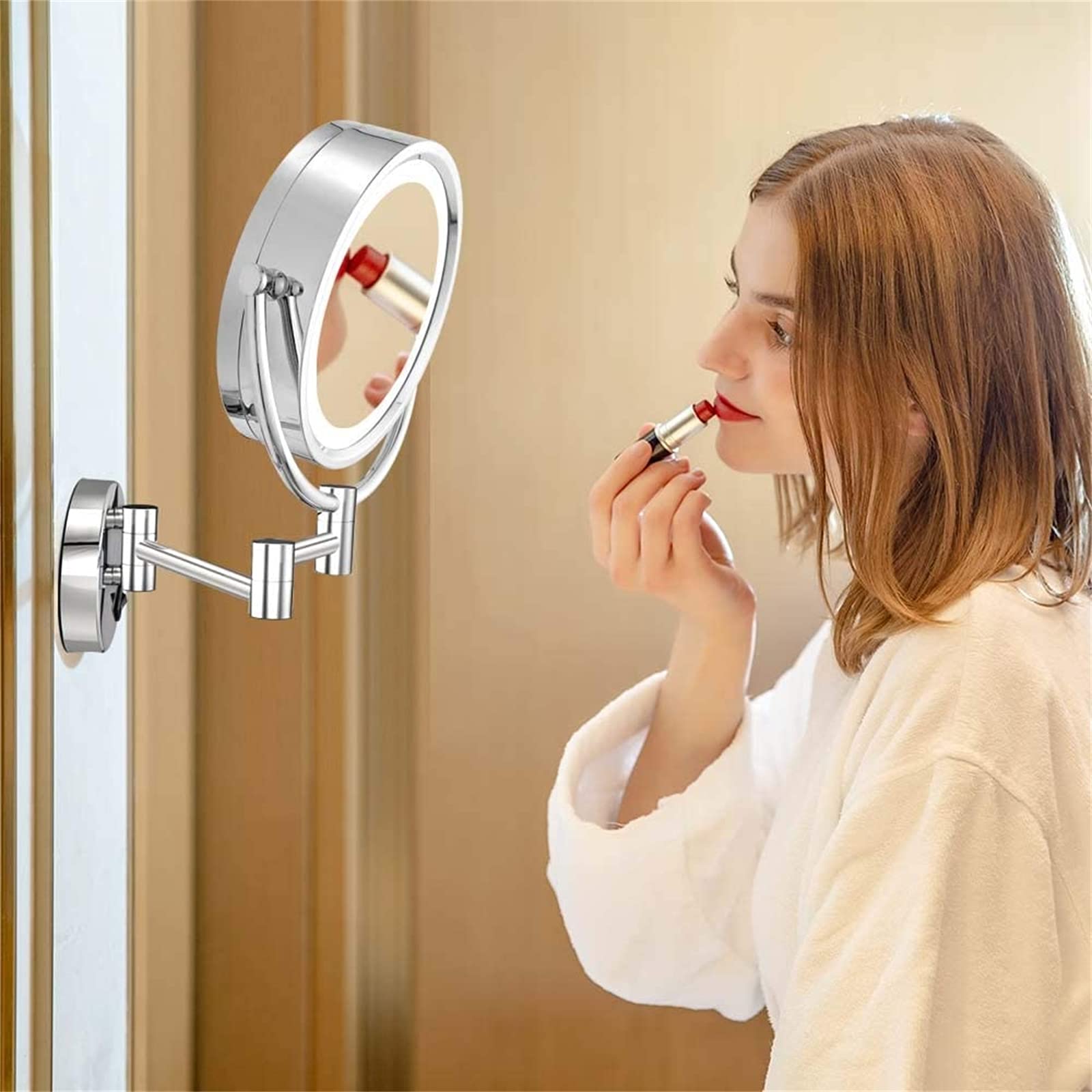 Lustro łazienkowe z podświetleniem na ścianę, składane lusterko do makijażu LED obracane o 360 stopni, dwustronne powiększanie, z wtyczką, chromowane, 7X