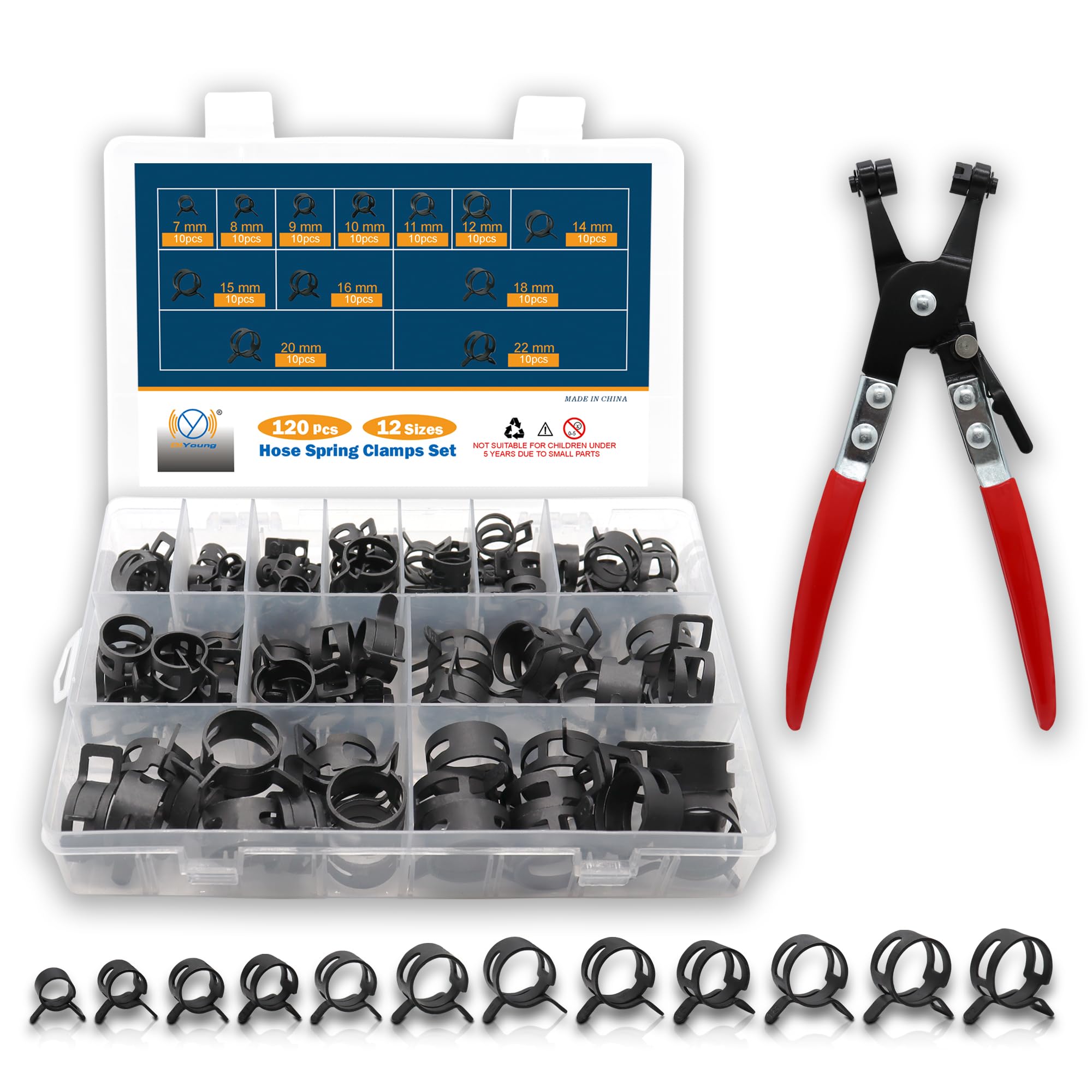 DIYoung 120 Pièces Colliers de Serrage à Ressort 7-22 mm, Noir Clips à Ressort avec Pince, pour Tuyaux et Conducteurs de Carburant (12 Tailles + Pince)