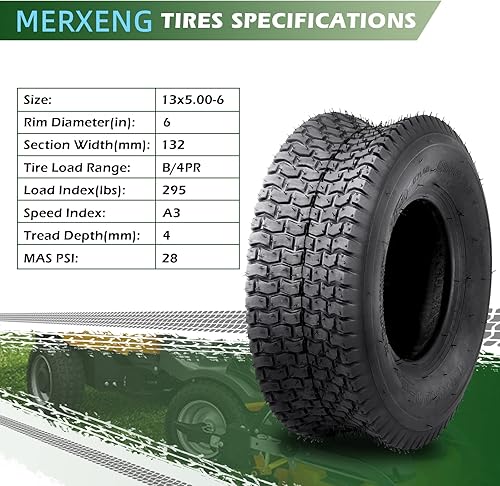 Miniatura 3 de Paquete de 2 neumáticos para cortacésped de 13 x 5.00-6, neumático de césped de tractor de 13 x 5 x 6, capacidad de 295 libras, 4 capas sin cámara