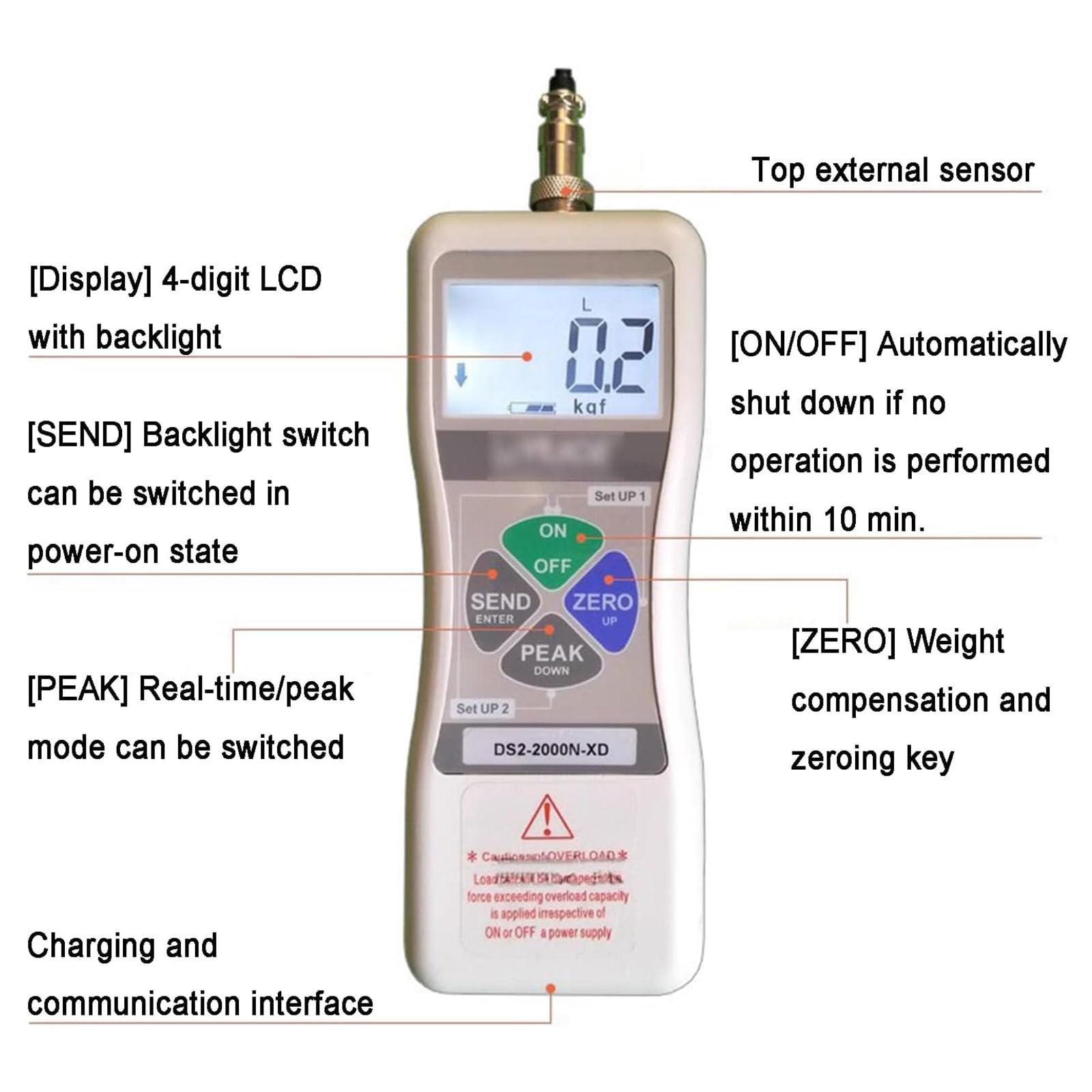 Medidor de fuerza digital, dinamómetro de medidor de empuje y tracción, sensor portátil para pruebas de tensión y carga, modo en tiempo real/pico, salida de datos, recargable