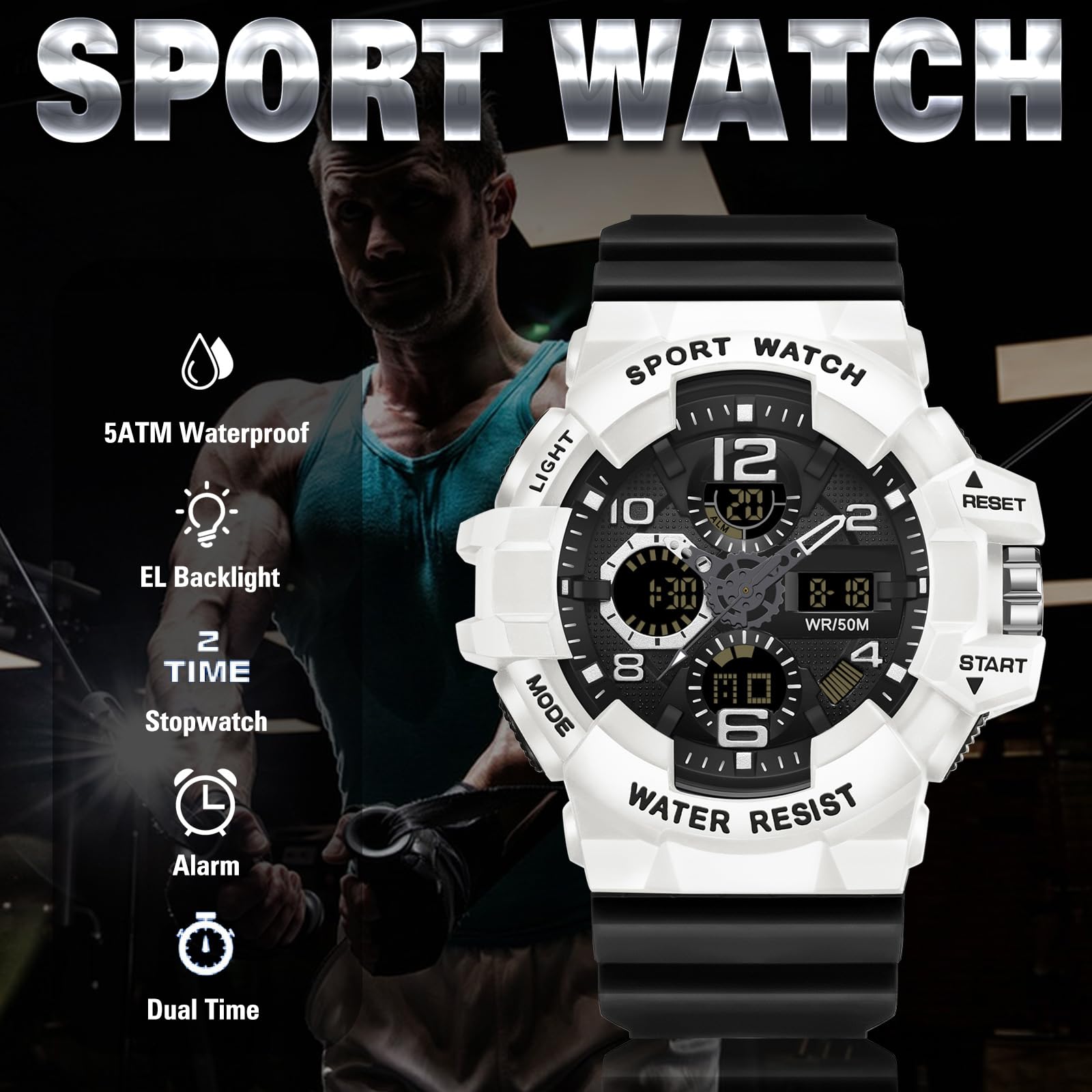 findtime Orologio digitale da uomo, militare, da uomo, sportivo, digitale, analogico, per attività all'aperto, cronometro, impermeabile, 50 m, con due fusi orari, sveglia tattica, orologio da uomo e