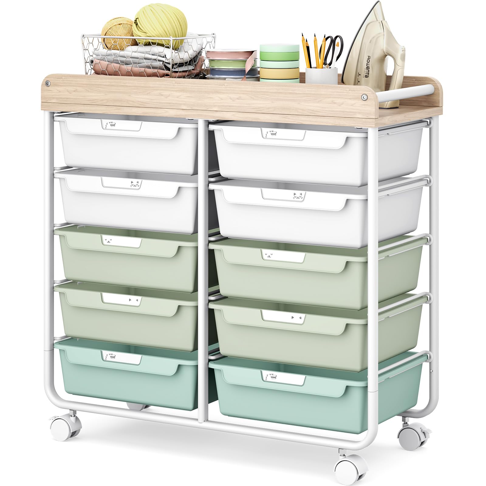 Photo 1 of 10 Drawers Rolling Cart with Wooden Tabletop, Utility Storage Cart with Wheels, Art Supply Craft Organizer on Wheel with Metal Frame & Handles for Home Office School,Green