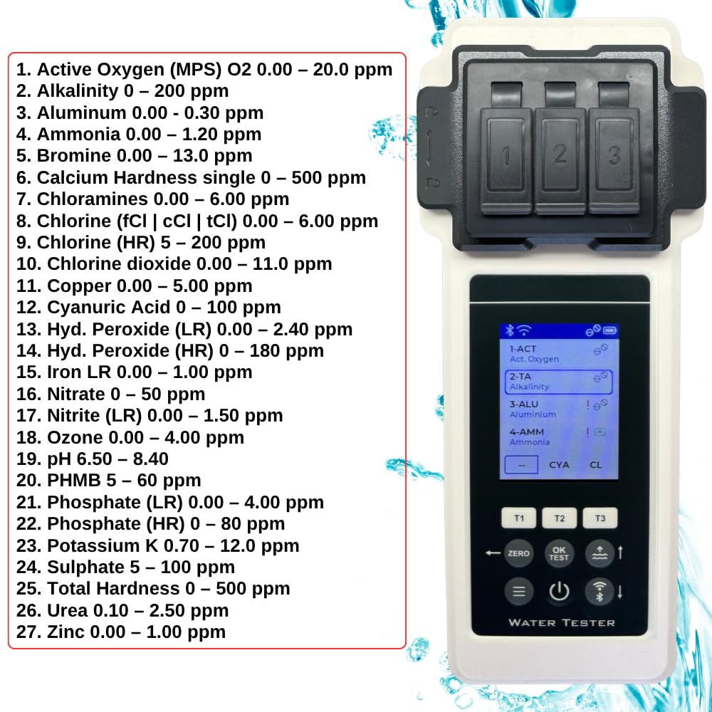 PoolLab 2.0 + Extra-Zubehör (Aufbewahrungskoffer & Wasserstandsausgleicher) – Premium Wasseranalyse-Set – 27 Parameter – WiFi, Bluetooth, App – Für Pool, Spa & Whirlpool – Sonderedition