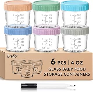 DRKIO 6 Pack Glass Baby Food Storage Containers - 4 Oz Baby Food Jars with Lids Baby Food Maker Microwave Dishwasher Freezer Safe 100% Leak Proof BPA Free Reusable