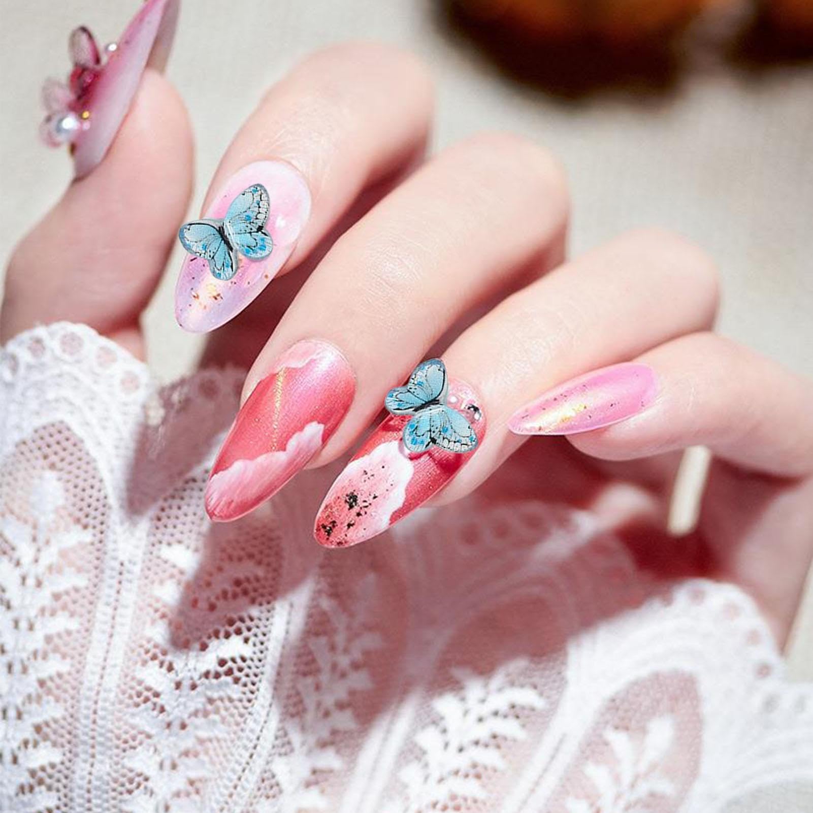 4 Décalcomanies Ongles Papillon Rose - Autocollants Nail Art été - Neufs