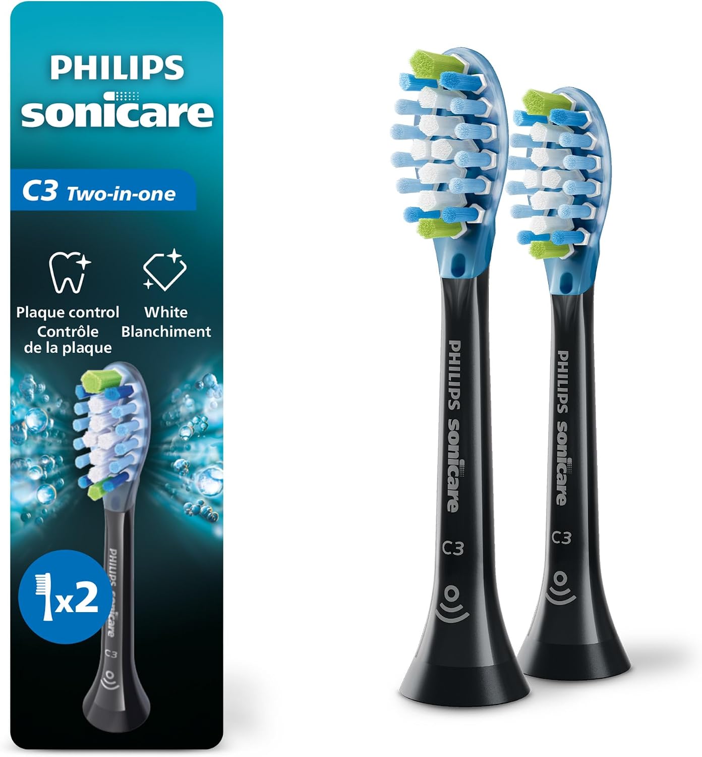 Philips Sonicare C3 Two-in-One Brush Heads, 2-Pack, 6 Month Supply, Black | 1000% More Plaque Removal¹, 100% More Stain Removal², BrushSync Reminder, Up To 62,000 Bristle Movements Per Min, HX9042/95
