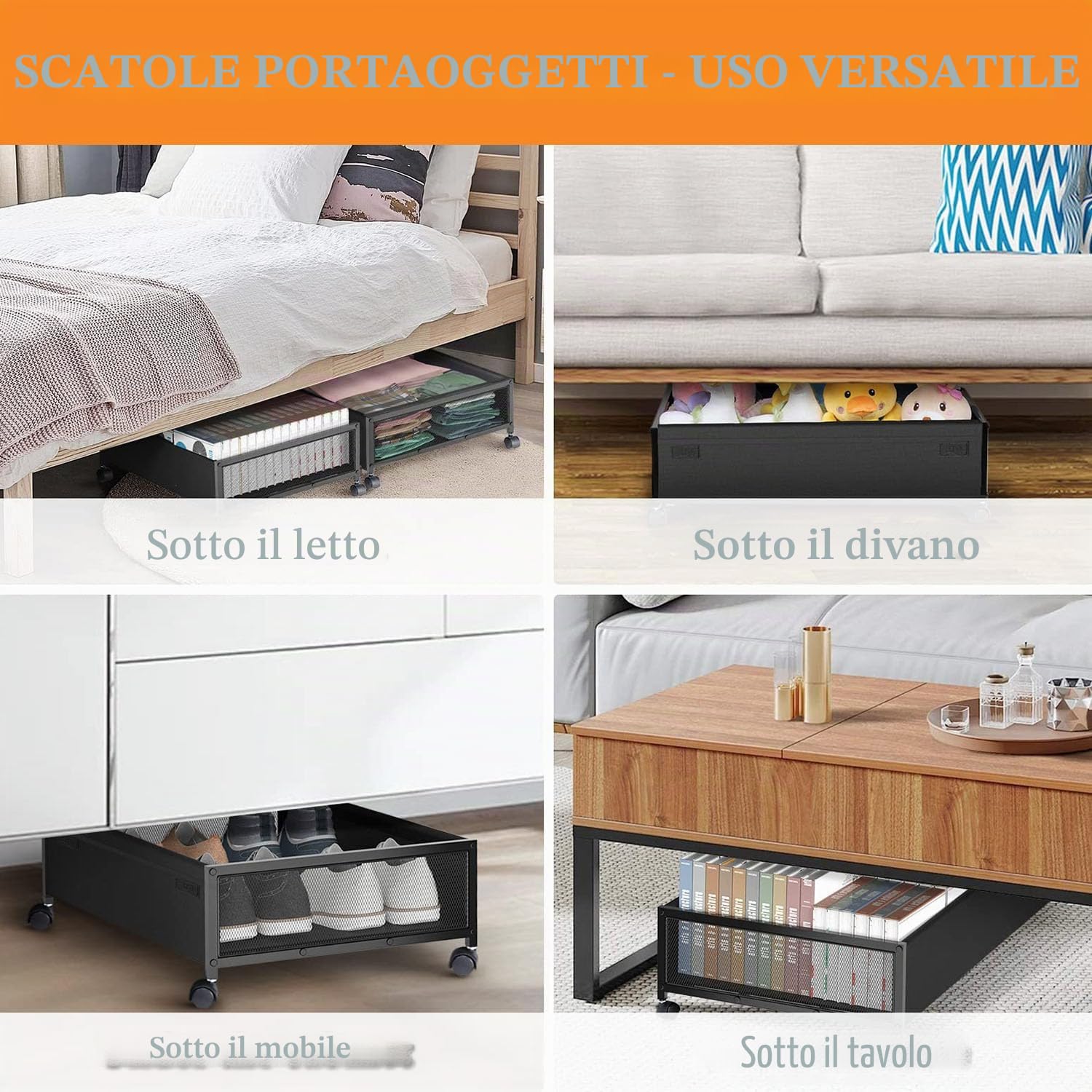 Contenitore sotto il letto, 2 pezzi, con ruote, altezza 15 cm, stabile, con coperchio e maniglia, per vestiti, giocattoli, scarpe e coperte