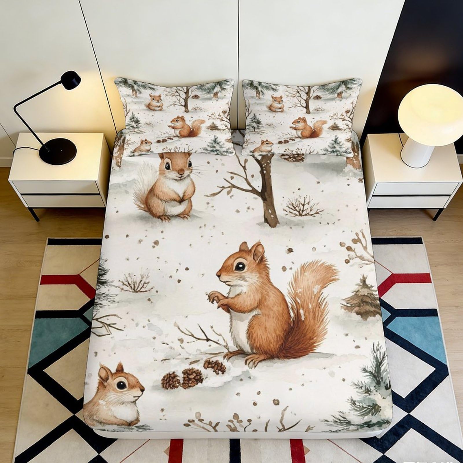 Uxinyoume Style-10 3D Printed Squirrel Forest Fitted Sheet Microfiber Anti-Slip Autumn Woodland Bed Cover For Bedroom Dorm Decor 90X200x25cm